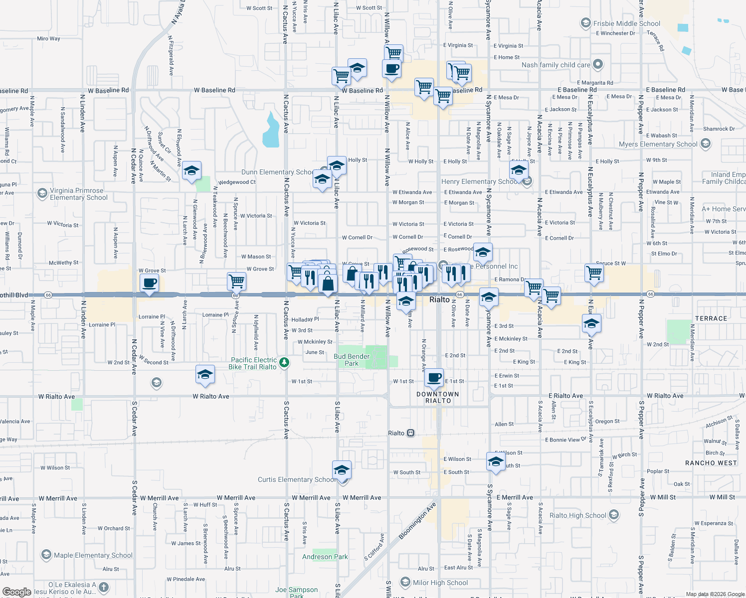 map of restaurants, bars, coffee shops, grocery stores, and more near 335 W Foothill Blvd in Rialto