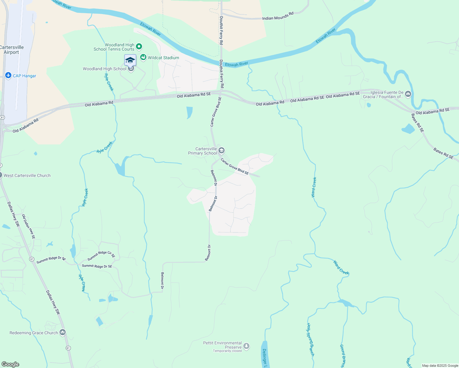 map of restaurants, bars, coffee shops, grocery stores, and more near 21 Rock Ridge Court in Cartersville