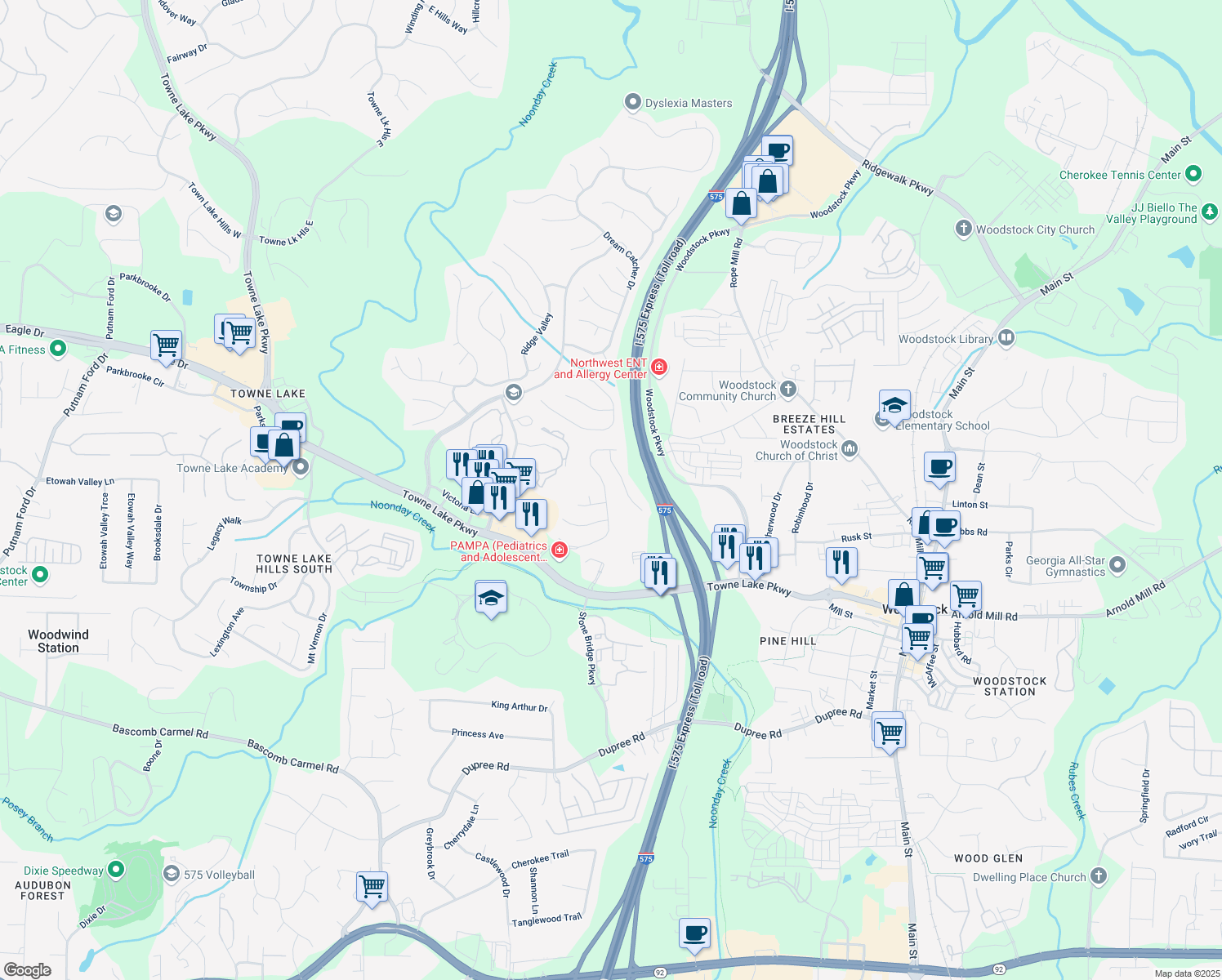 map of restaurants, bars, coffee shops, grocery stores, and more near 164 Stoneforest Drive in Woodstock