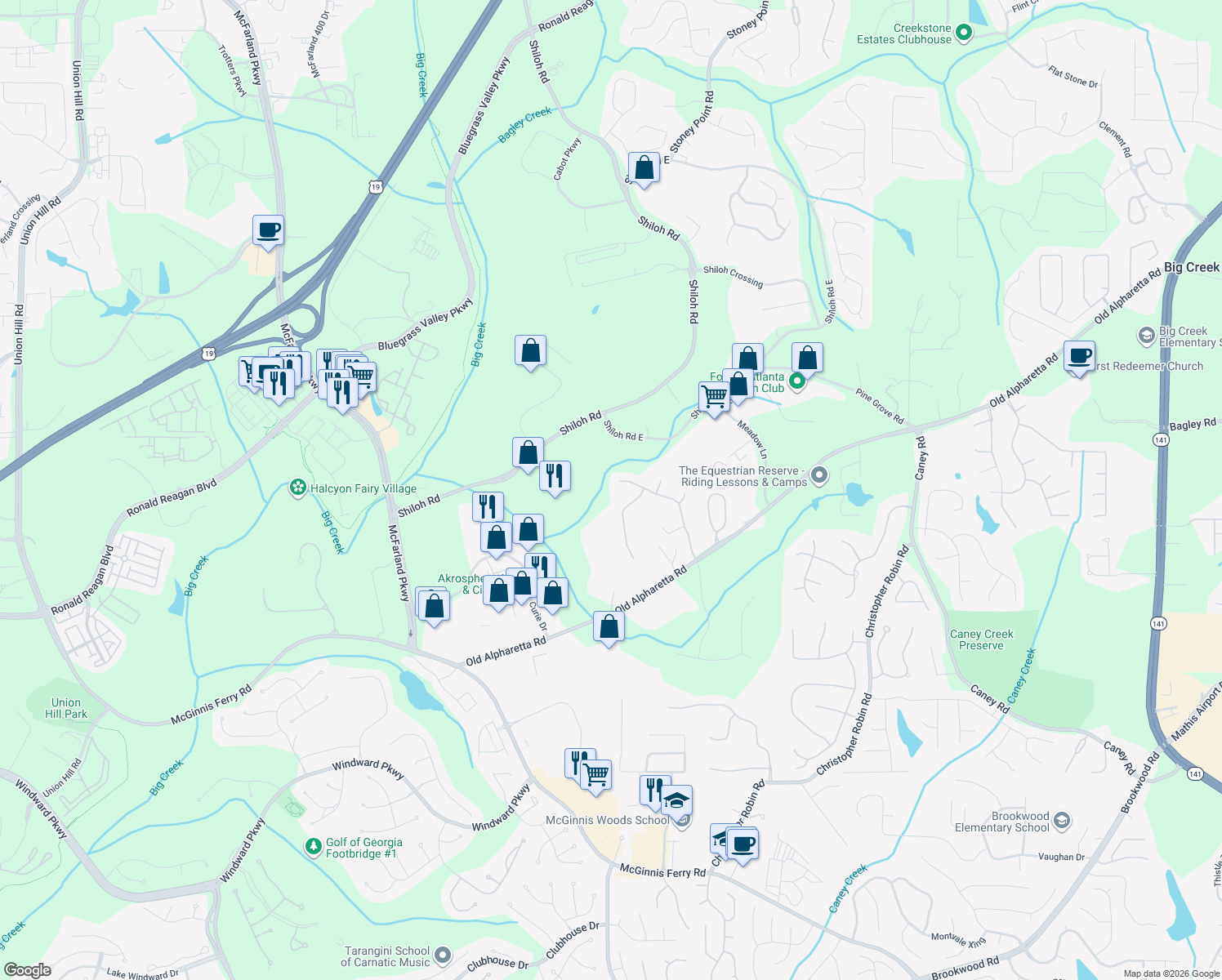map of restaurants, bars, coffee shops, grocery stores, and more near 1365 Windhaven Drive in Alpharetta