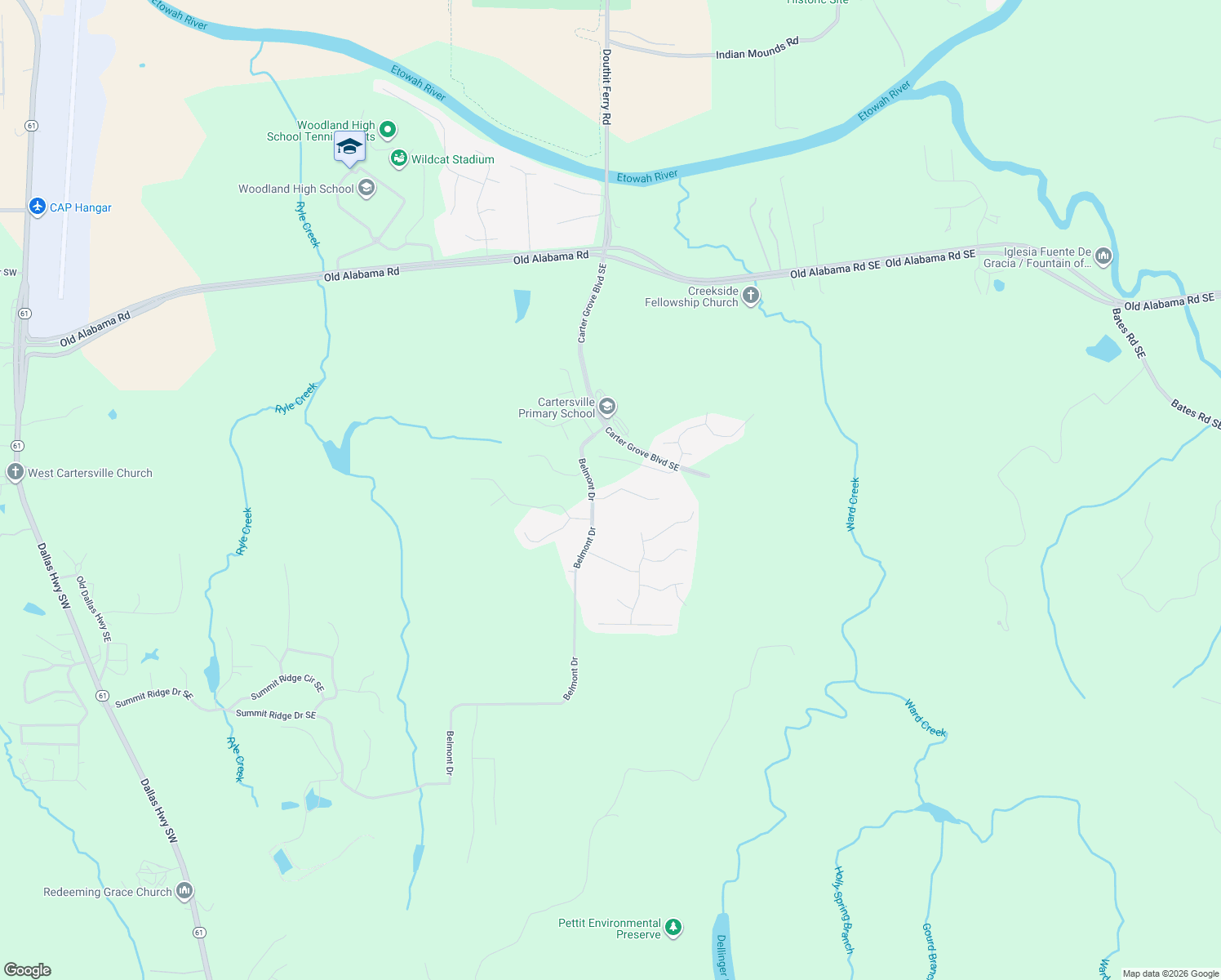map of restaurants, bars, coffee shops, grocery stores, and more near 12 Rock Ridge Court in Cartersville