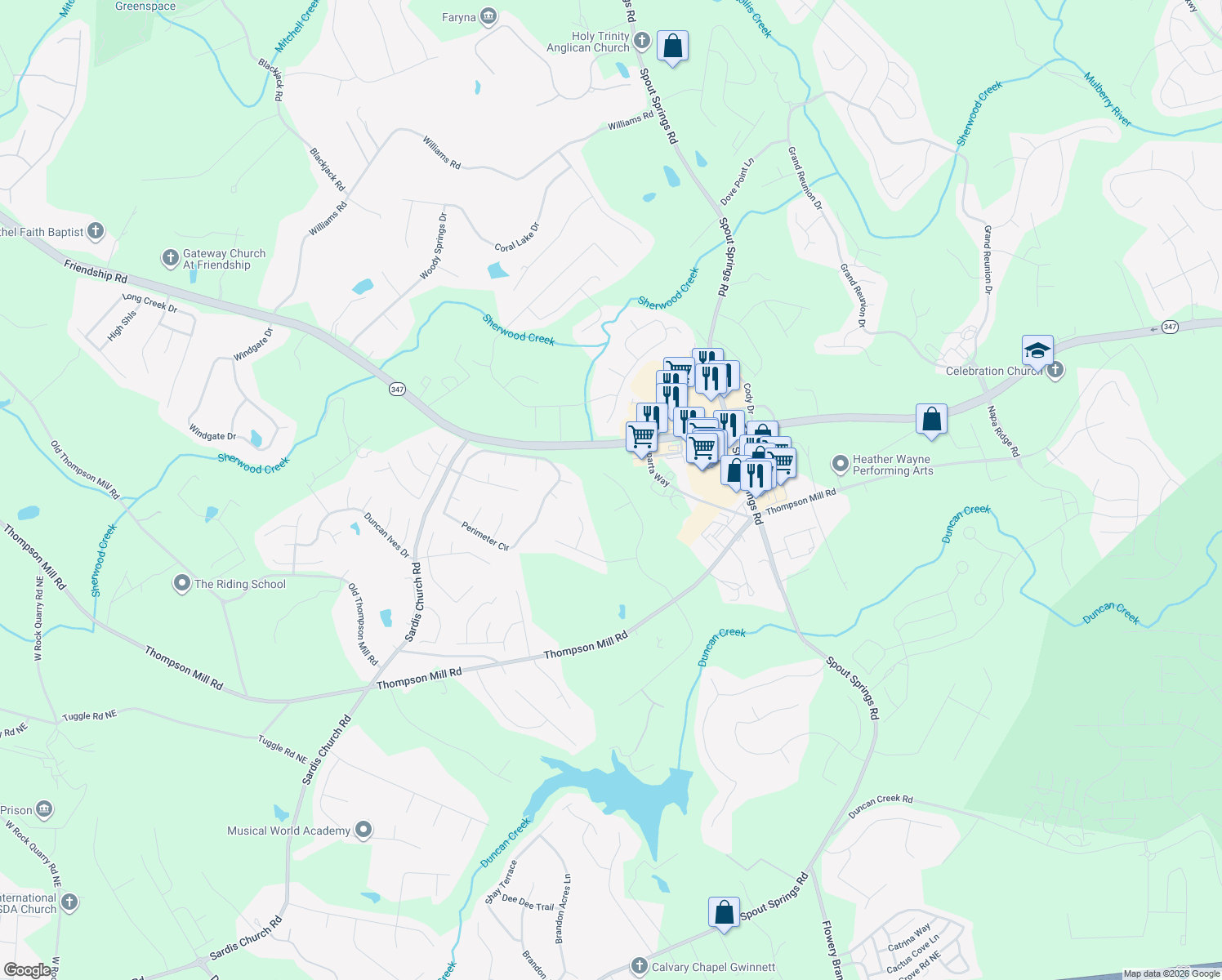 map of restaurants, bars, coffee shops, grocery stores, and more near 2715 White Rock Dr in Buford