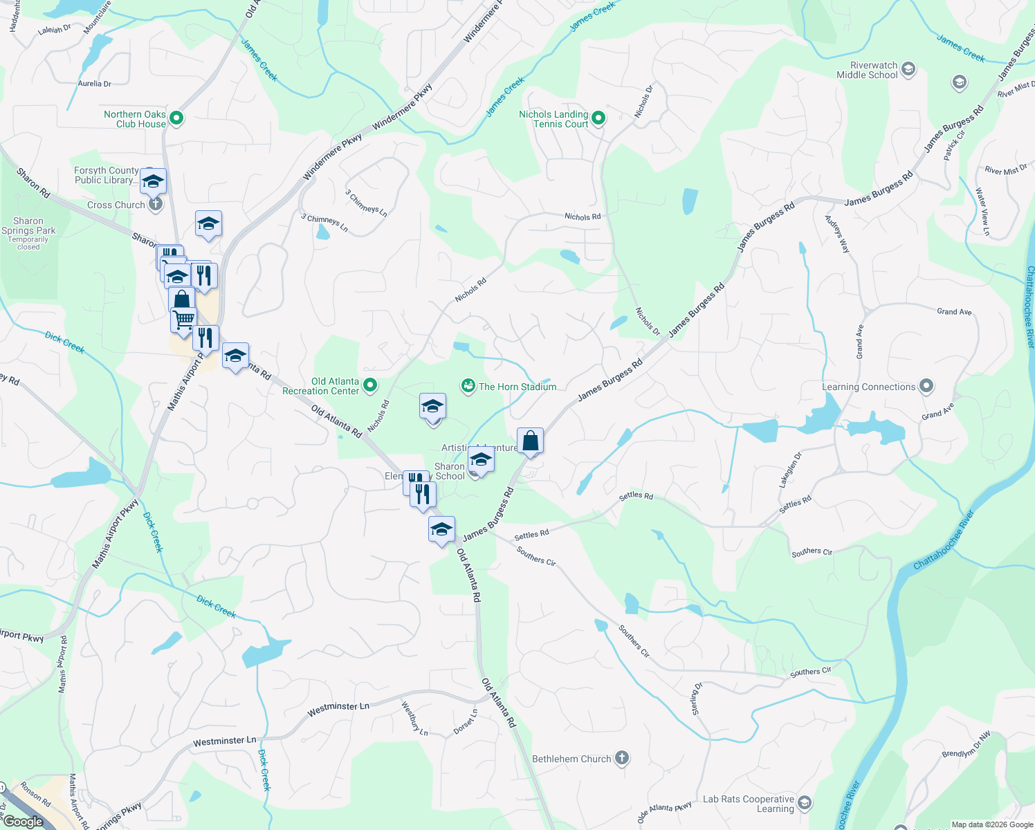map of restaurants, bars, coffee shops, grocery stores, and more near 1710 Bramble Bush Way in Suwanee