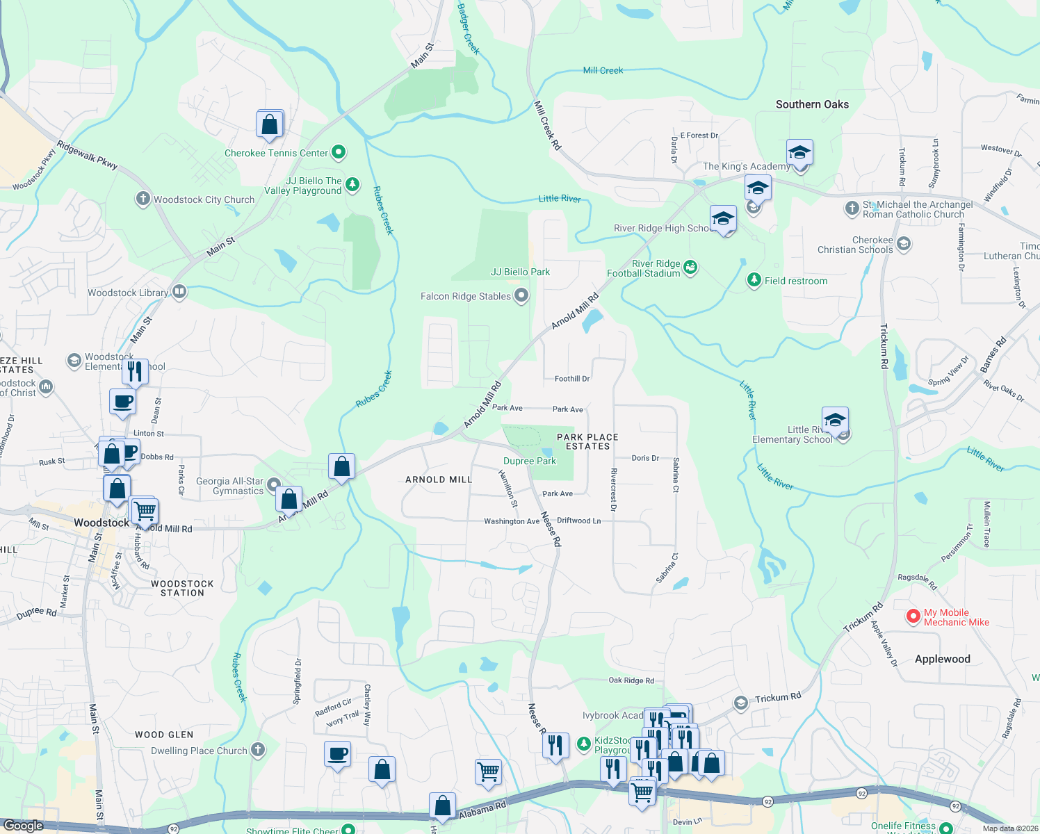 map of restaurants, bars, coffee shops, grocery stores, and more near 261 Park Avenue in Woodstock