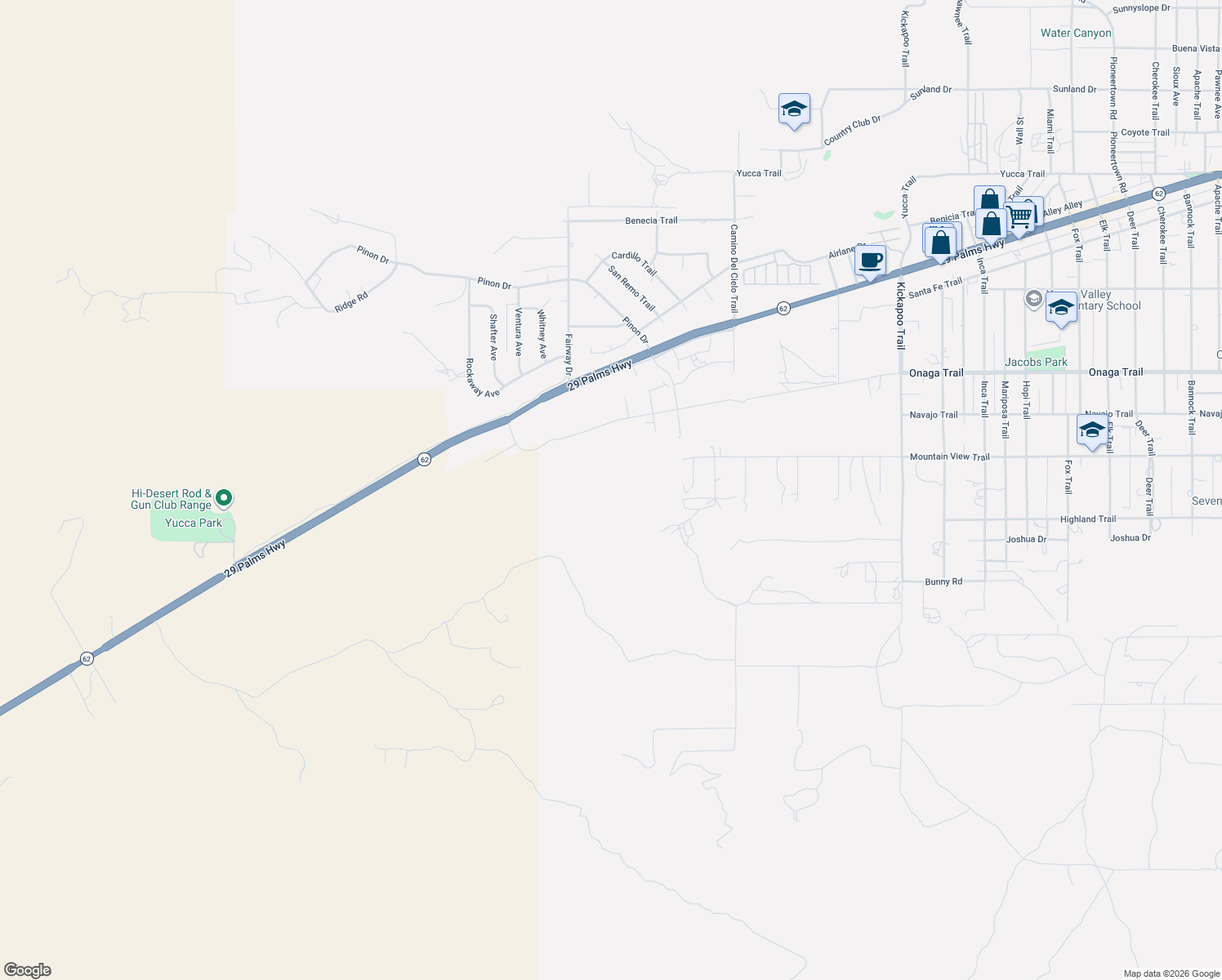 map of restaurants, bars, coffee shops, grocery stores, and more near 7852 Pinon Drive in Yucca Valley