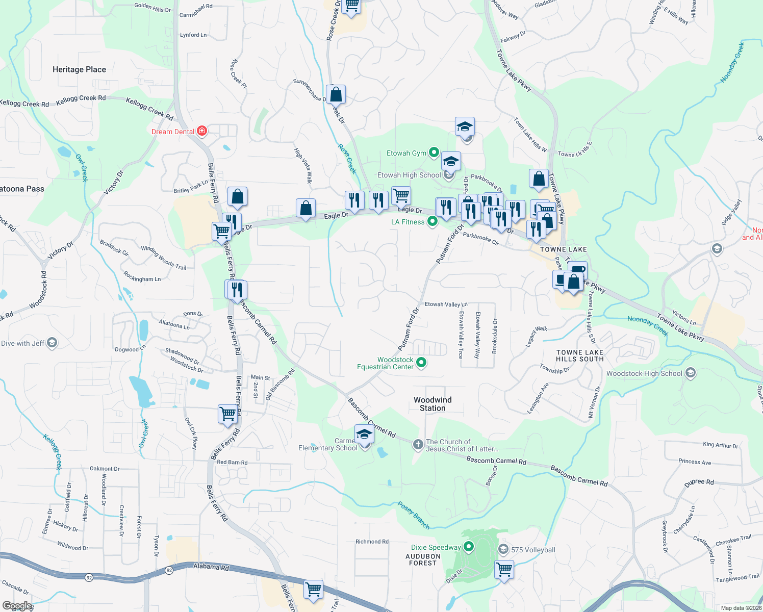 map of restaurants, bars, coffee shops, grocery stores, and more near 607 Sweet Basil Lane in Woodstock