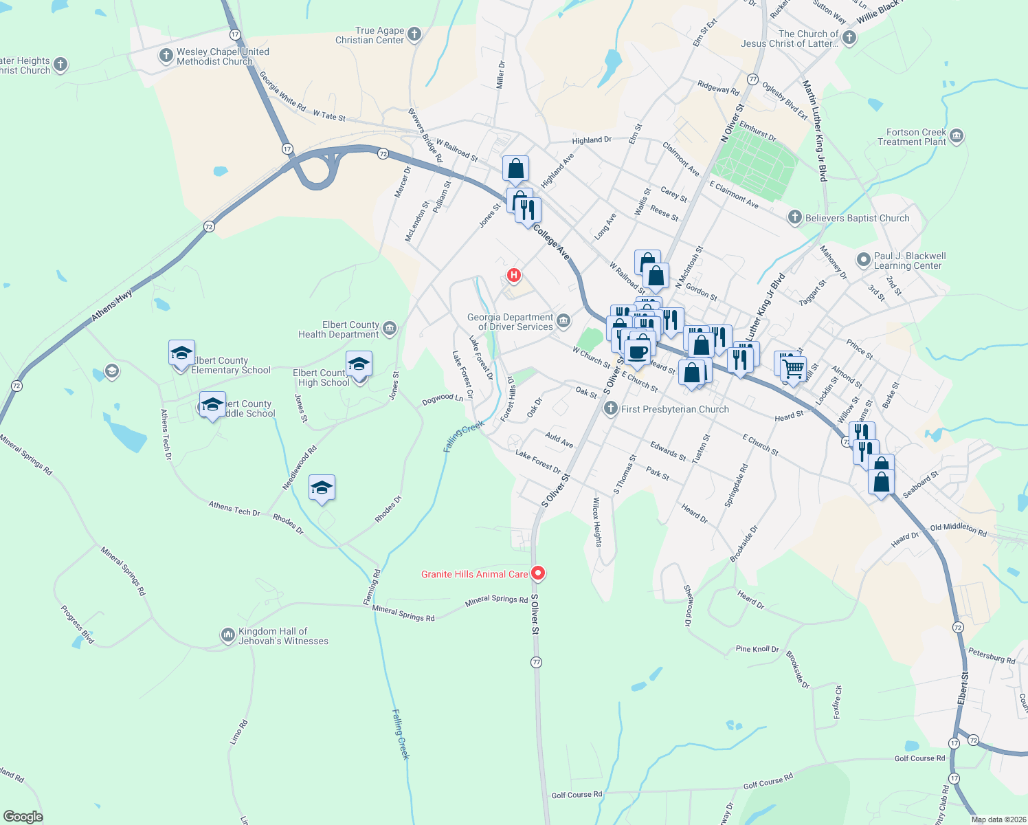 map of restaurants, bars, coffee shops, grocery stores, and more near 122 Forest Hills Drive in Elberton
