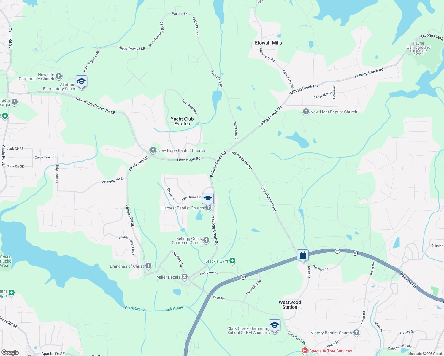 map of restaurants, bars, coffee shops, grocery stores, and more near 3486 Hill Lane in Acworth