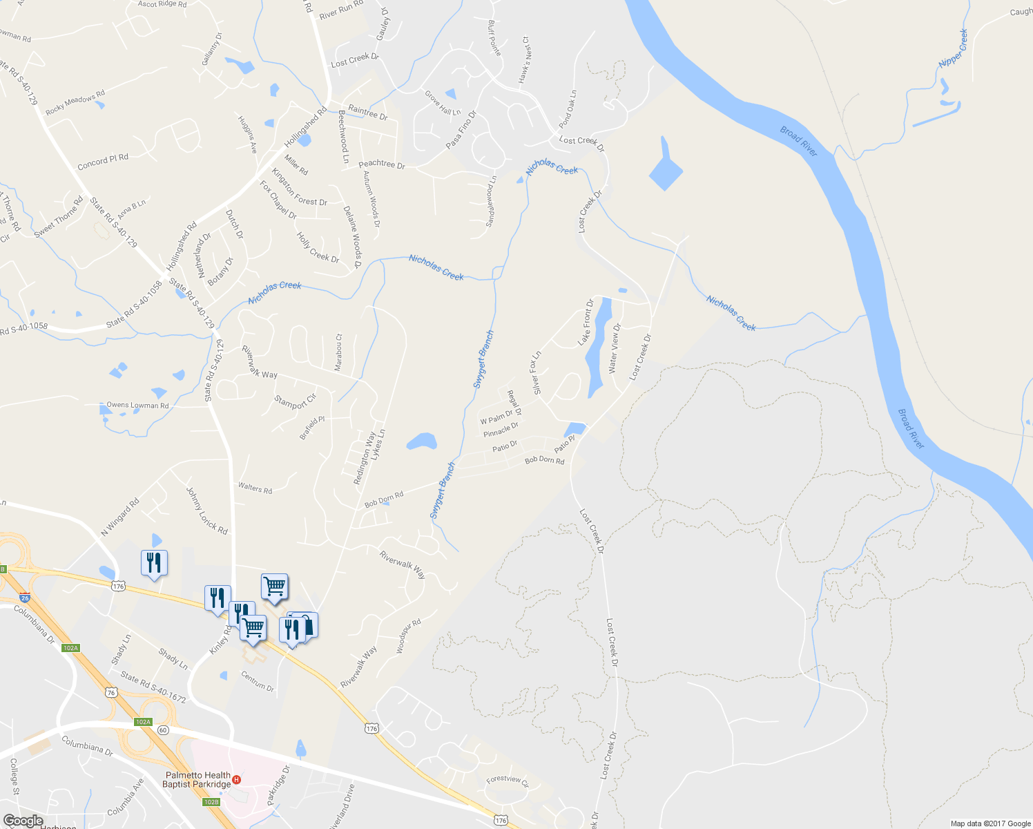 map of restaurants, bars, coffee shops, grocery stores, and more near 201 West Palm Drive in Columbia