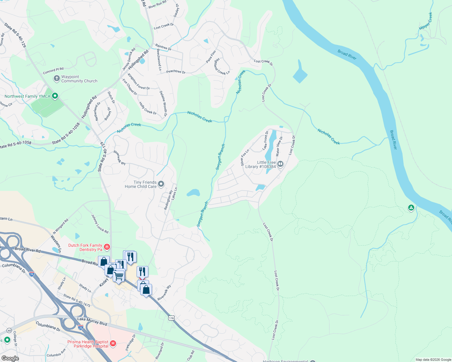 map of restaurants, bars, coffee shops, grocery stores, and more near 214 West Palm Drive in Columbia
