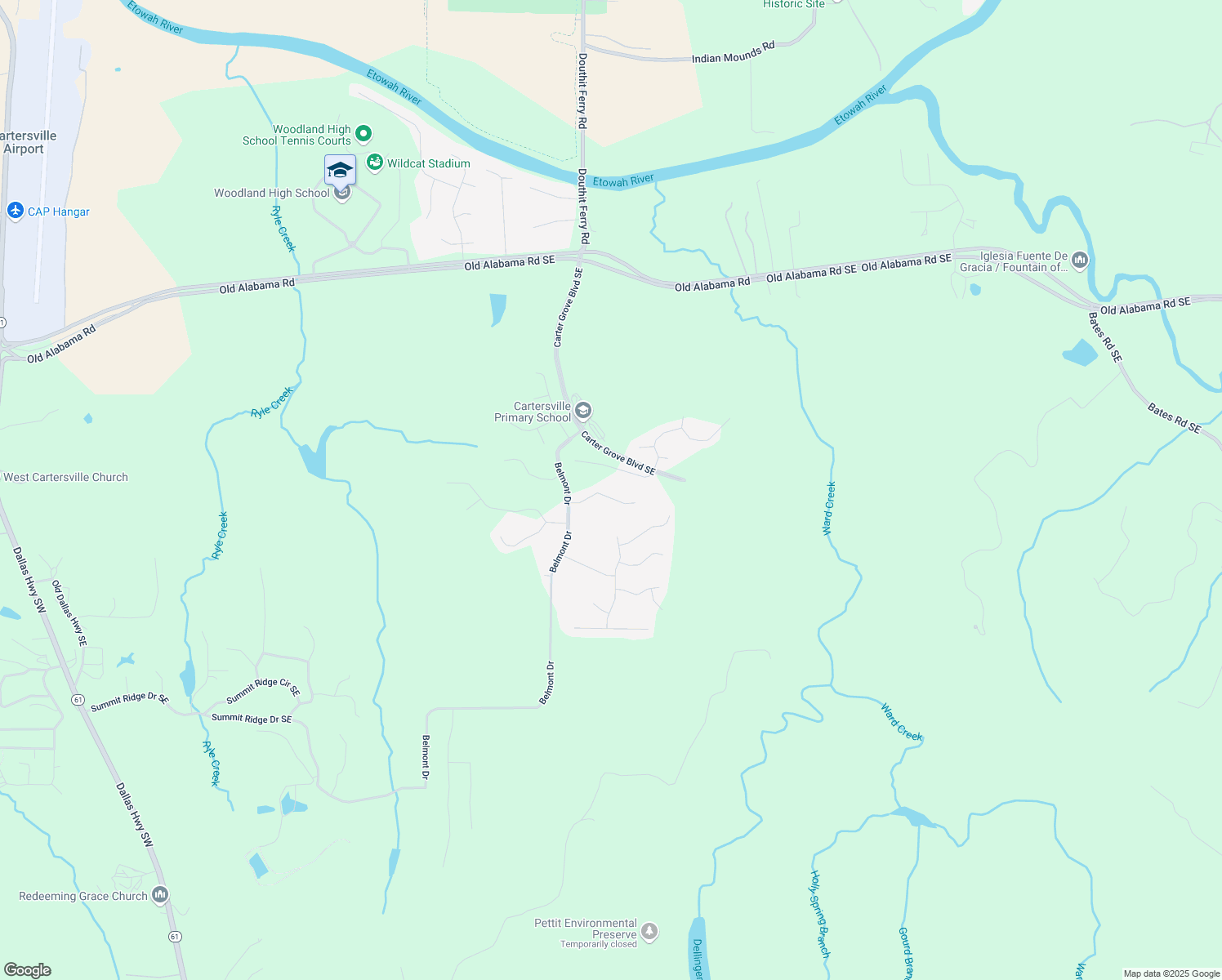 map of restaurants, bars, coffee shops, grocery stores, and more near 22 Rock Ridge Court in Cartersville