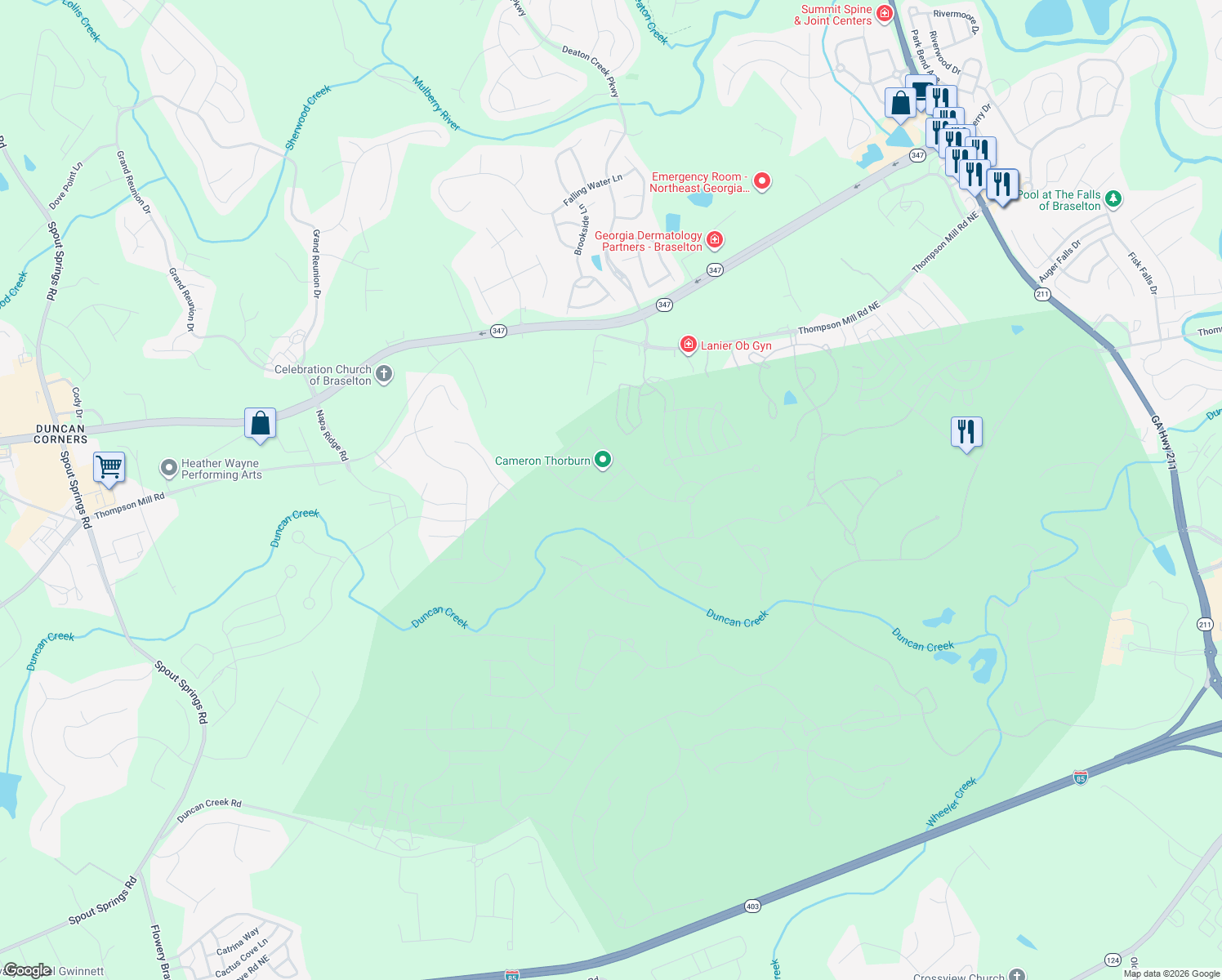 map of restaurants, bars, coffee shops, grocery stores, and more near 2155 Vesper Oak Drive Northeast in Braselton