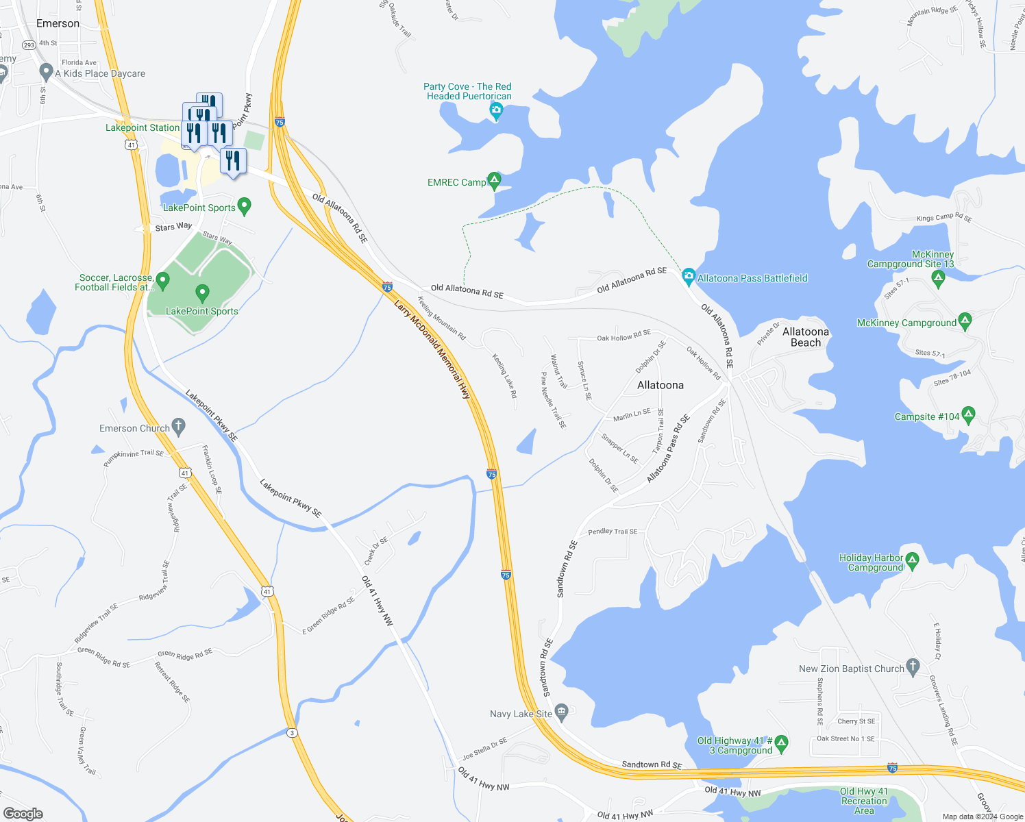 map of restaurants, bars, coffee shops, grocery stores, and more near 50 Keeling Mountain Road in Cartersville