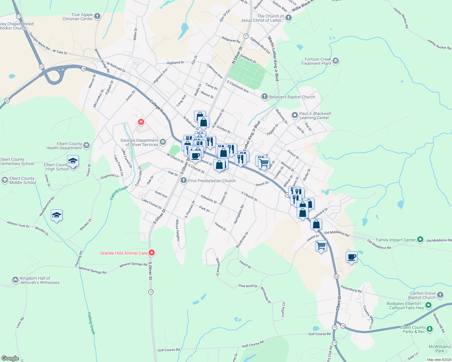 map of restaurants, bars, coffee shops, grocery stores, and more near 259 East Church Street in Elberton