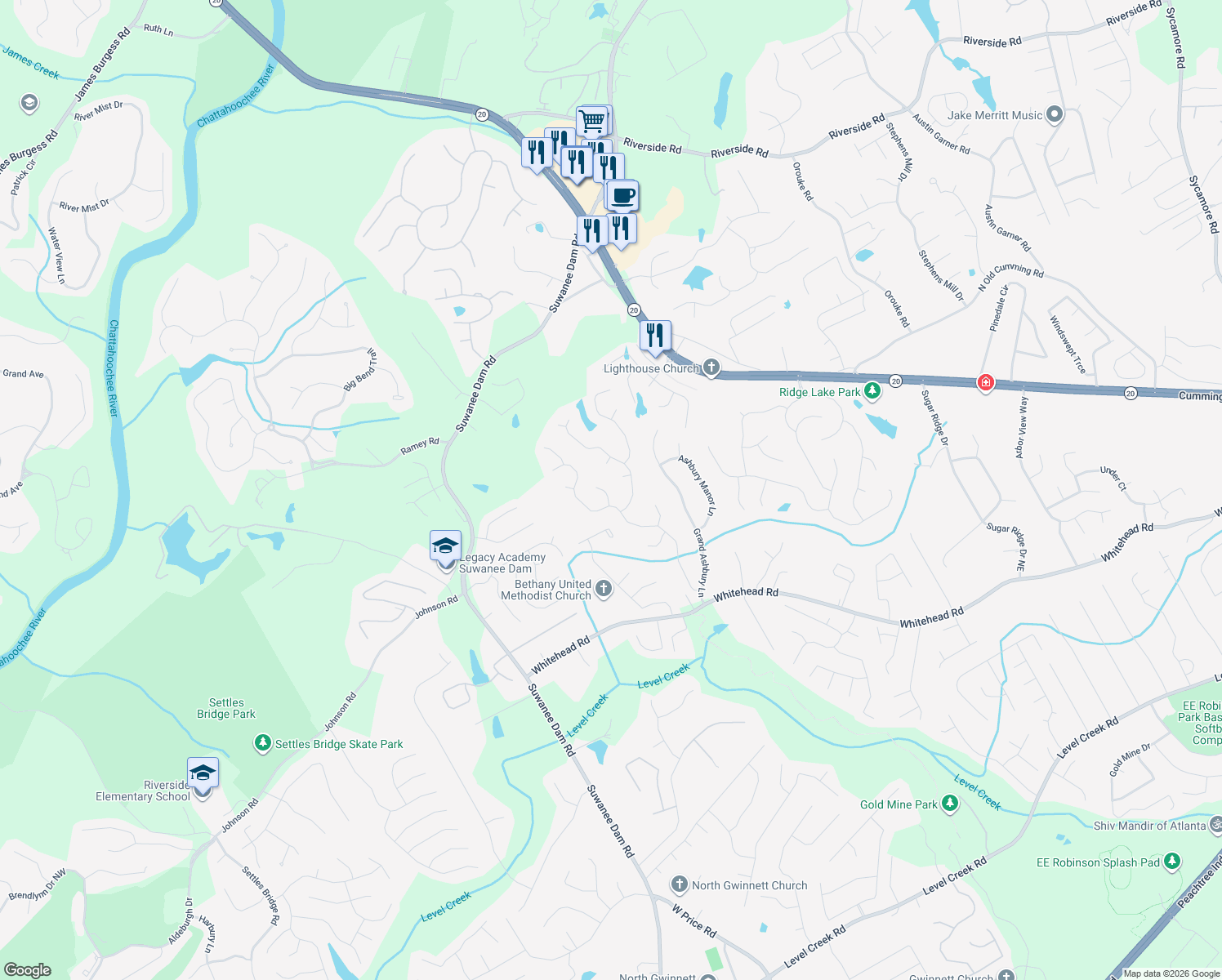 map of restaurants, bars, coffee shops, grocery stores, and more near 5563 Thistledown Terrace in Sugar Hill