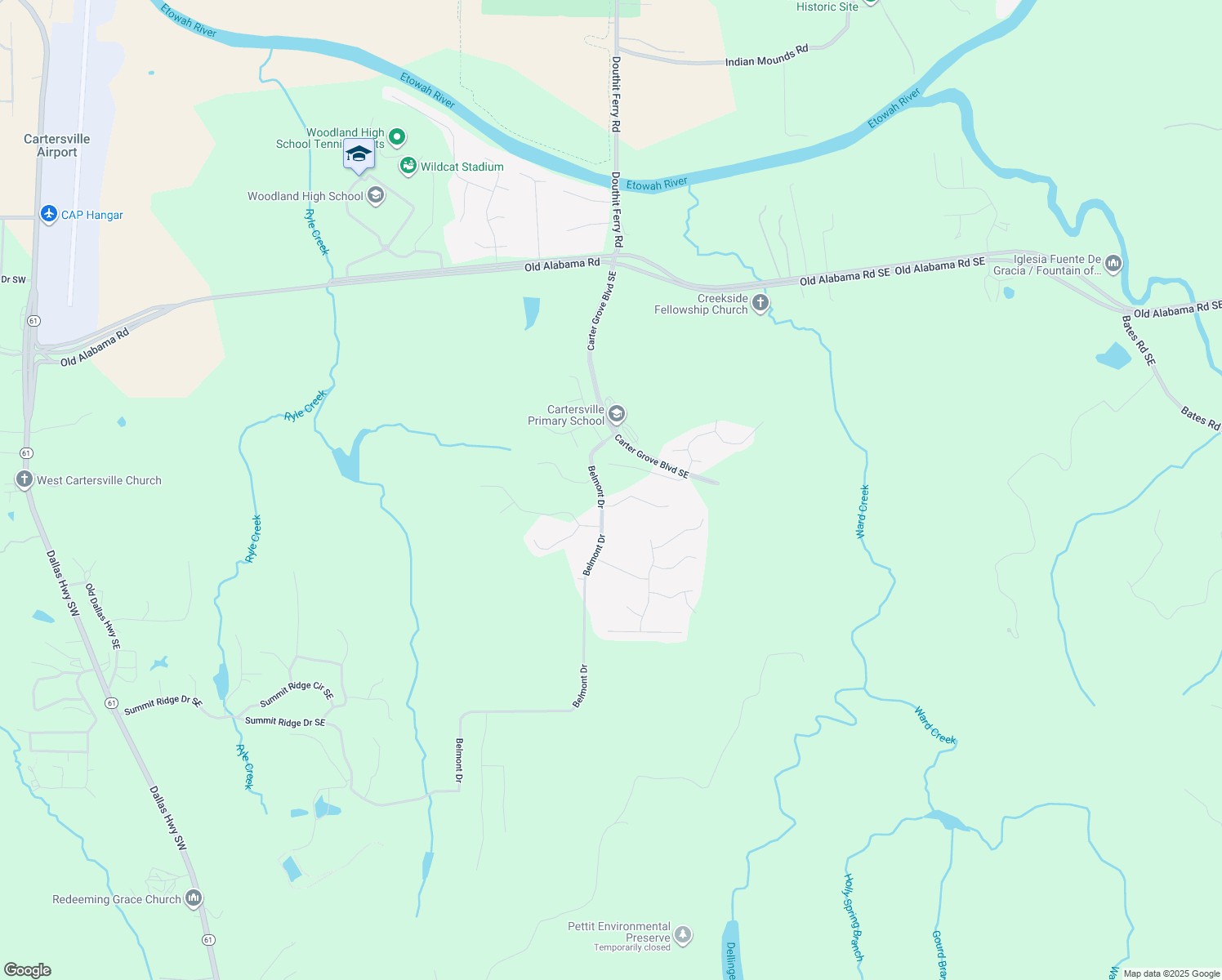 map of restaurants, bars, coffee shops, grocery stores, and more near 104 Belmont Drive in Cartersville