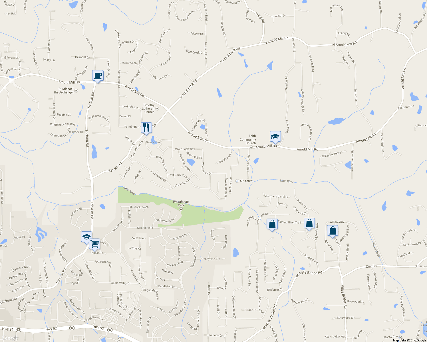 map of restaurants, bars, coffee shops, grocery stores, and more near 5007 River Rock Way in Woodstock