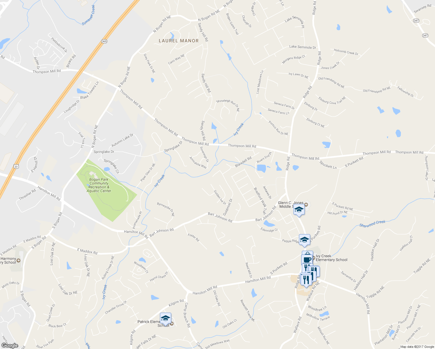 map of restaurants, bars, coffee shops, grocery stores, and more near 3320 Goldmist Drive in Buford