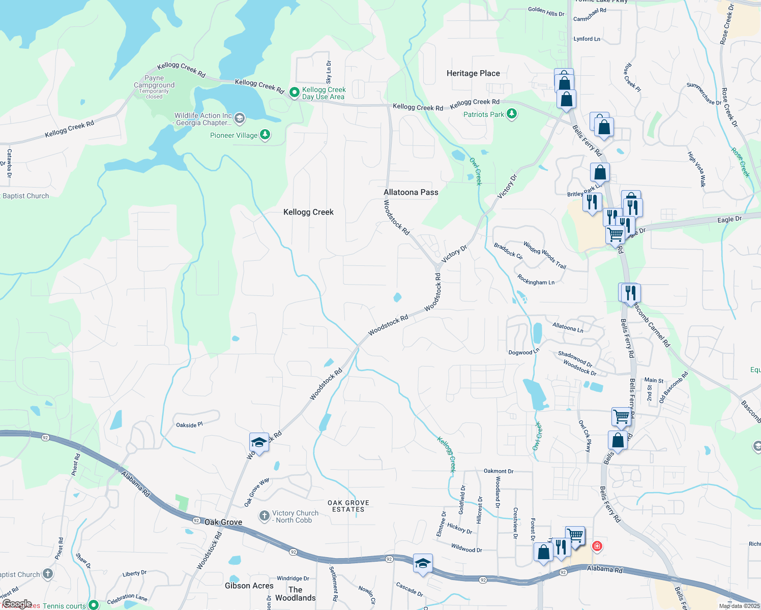 map of restaurants, bars, coffee shops, grocery stores, and more near 204 Valley Farm Court in Acworth