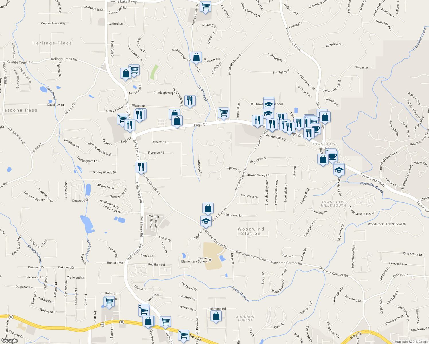 map of restaurants, bars, coffee shops, grocery stores, and more near 5009 Spice Garden Lane in Woodstock