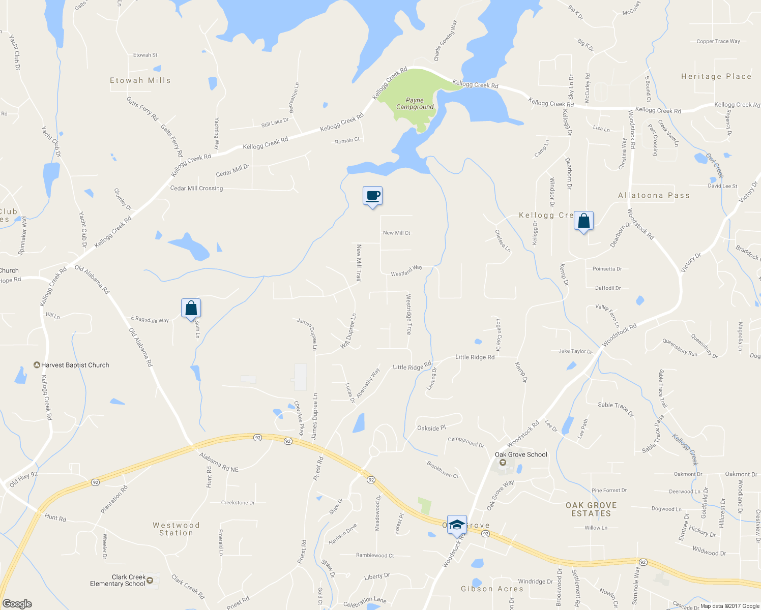map of restaurants, bars, coffee shops, grocery stores, and more near 103 Westland Court in Acworth
