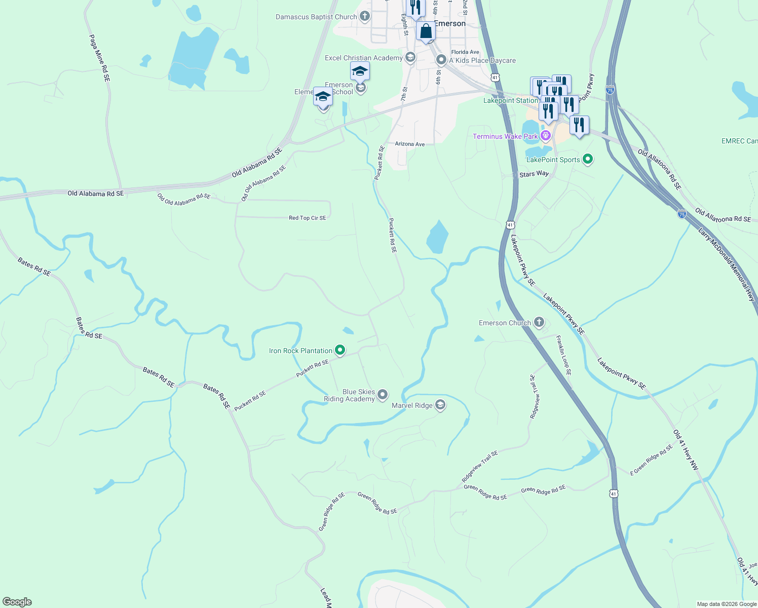 map of restaurants, bars, coffee shops, grocery stores, and more near 389 Puckett Road Southeast in Emerson