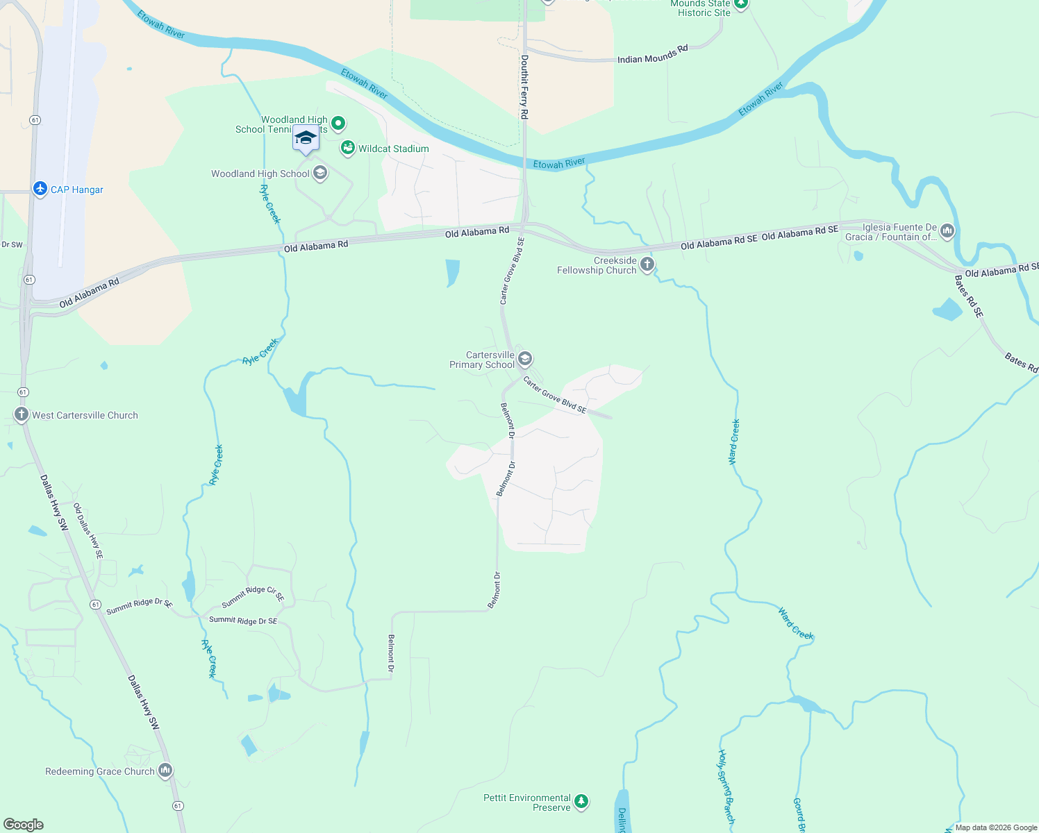 map of restaurants, bars, coffee shops, grocery stores, and more near 12 Rock Ridge Court in Cartersville