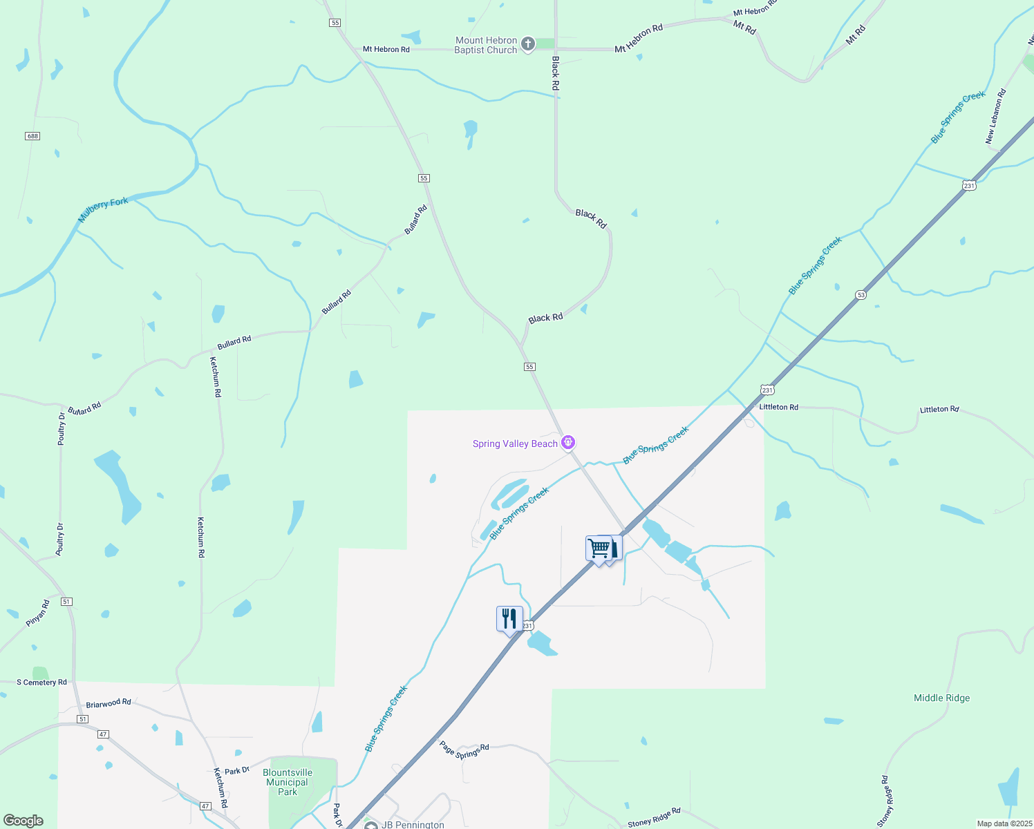 map of restaurants, bars, coffee shops, grocery stores, and more near 68 Big Al Drive in Blountsville