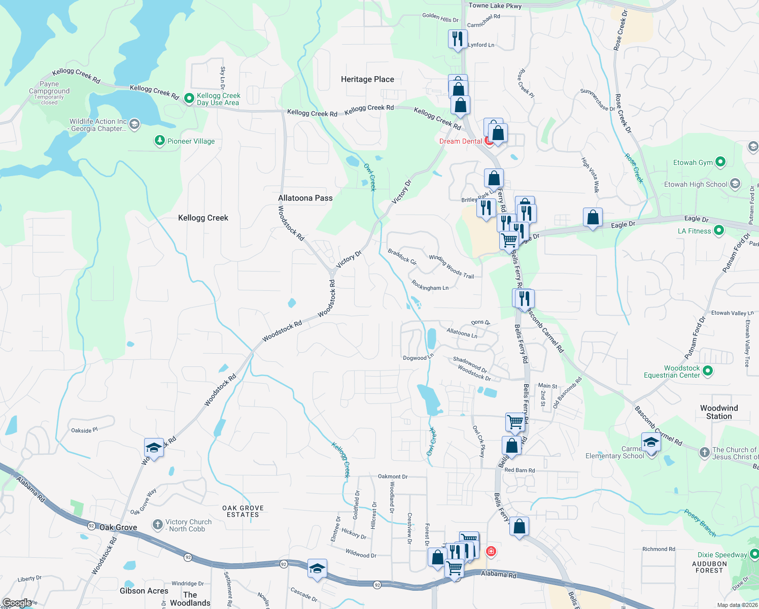 map of restaurants, bars, coffee shops, grocery stores, and more near 322 Victory Commons Overlook in Acworth