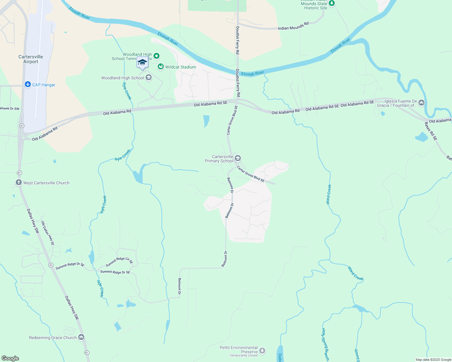 map of restaurants, bars, coffee shops, grocery stores, and more near 5 Greywood Lane in Cartersville