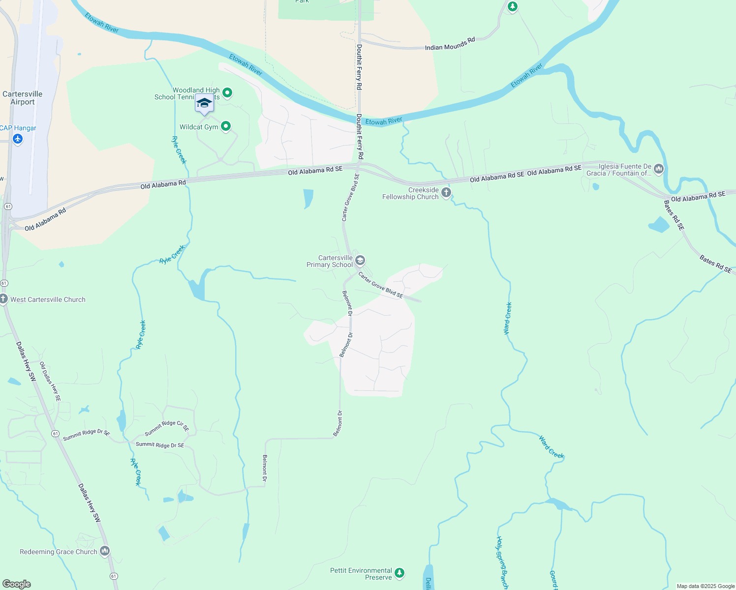 map of restaurants, bars, coffee shops, grocery stores, and more near 28 Lakewood Court in Cartersville