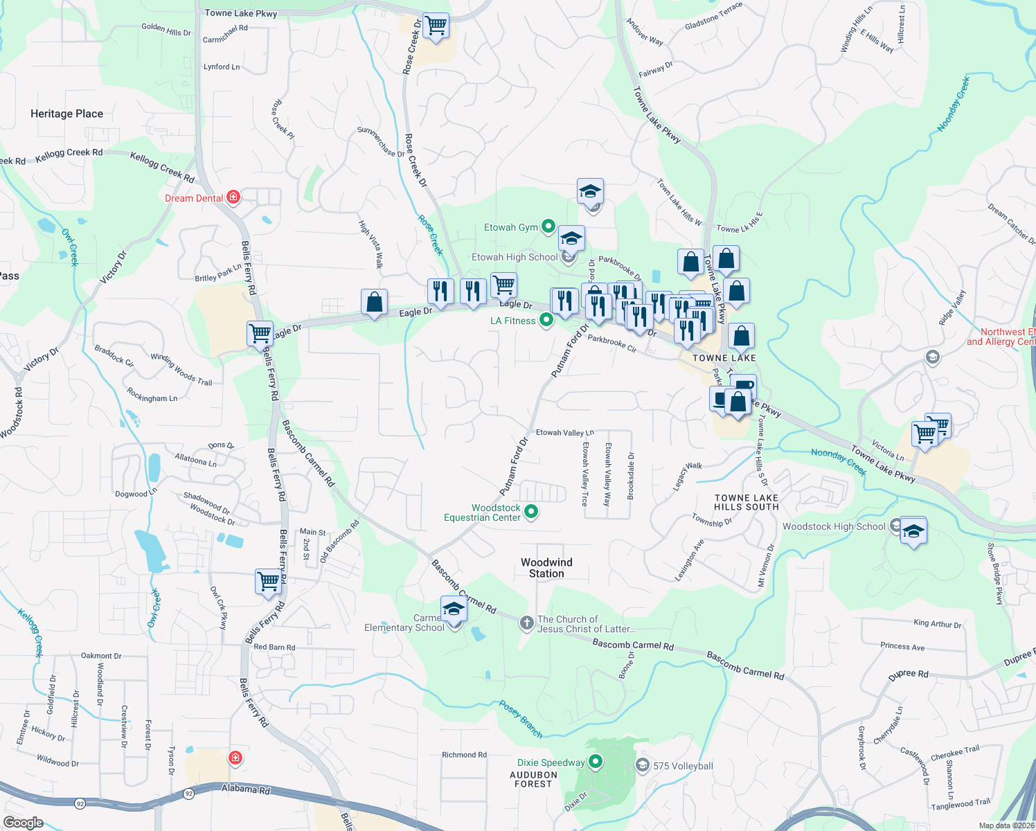 map of restaurants, bars, coffee shops, grocery stores, and more near 2006 Spicers Ln in Woodstock