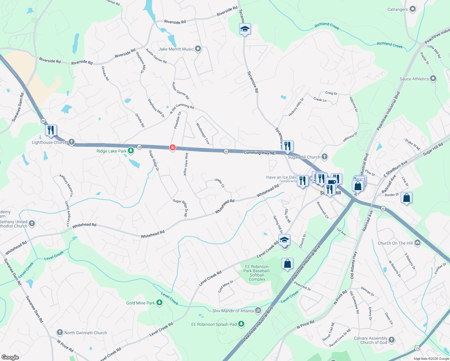 map of restaurants, bars, coffee shops, grocery stores, and more near 826 Hobbit Circle in Sugar Hill