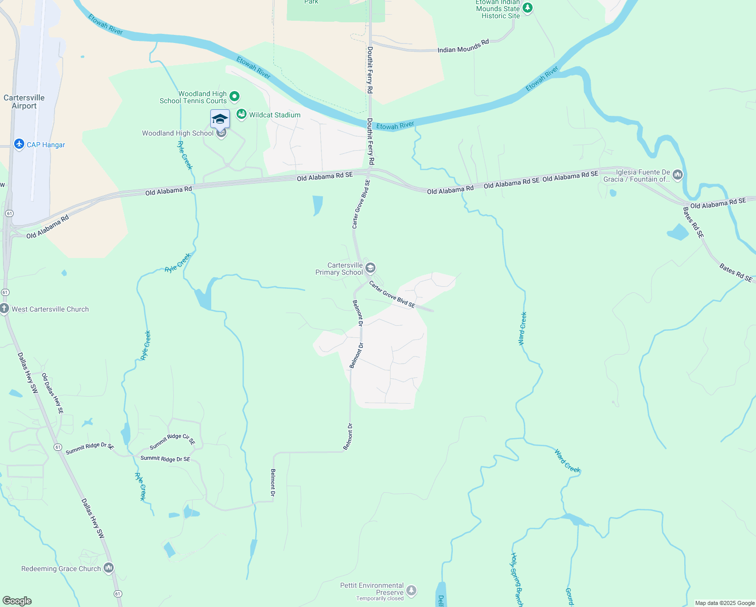 map of restaurants, bars, coffee shops, grocery stores, and more near 28 Lakewood Court in Cartersville
