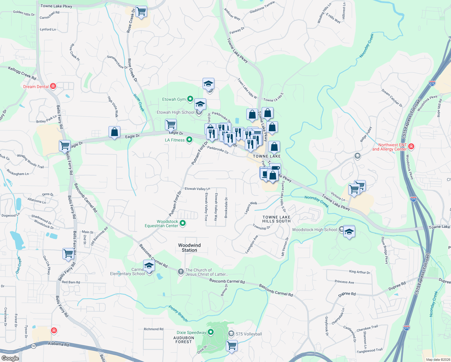 map of restaurants, bars, coffee shops, grocery stores, and more near 234 Eagle Glen Way in Woodstock