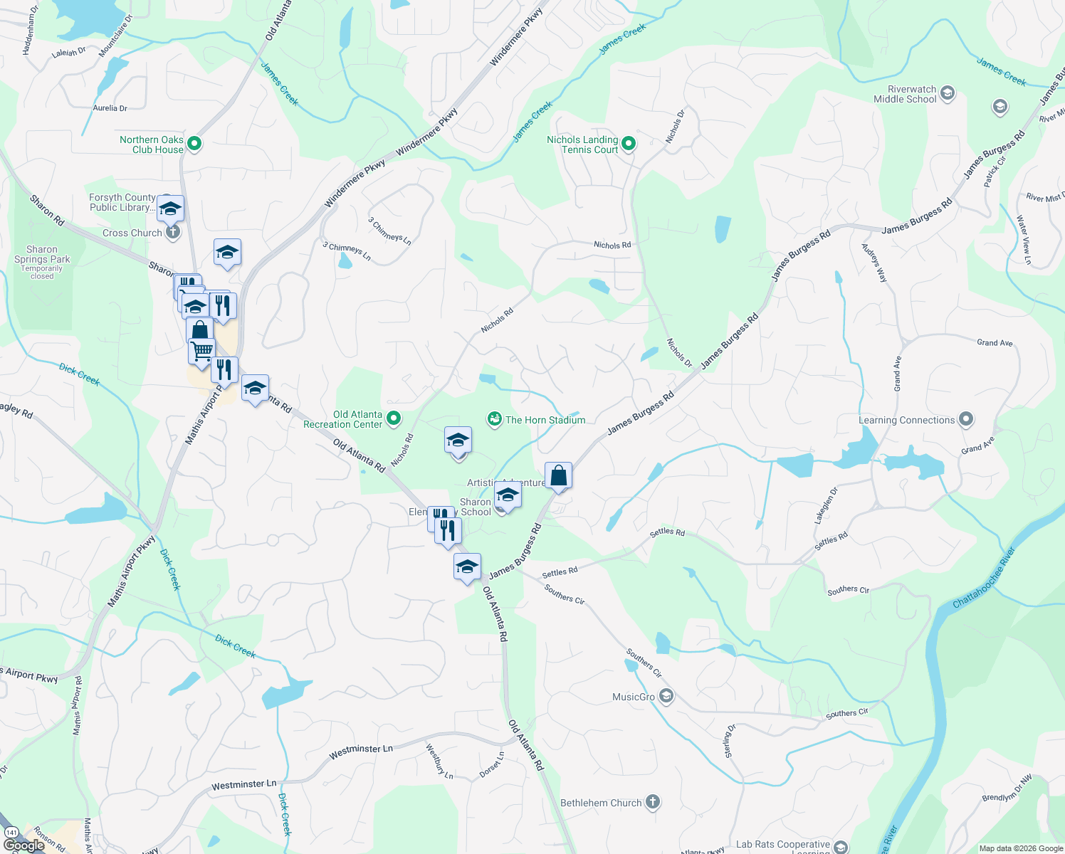 map of restaurants, bars, coffee shops, grocery stores, and more near 1765 Bramble Bush Way in Suwanee