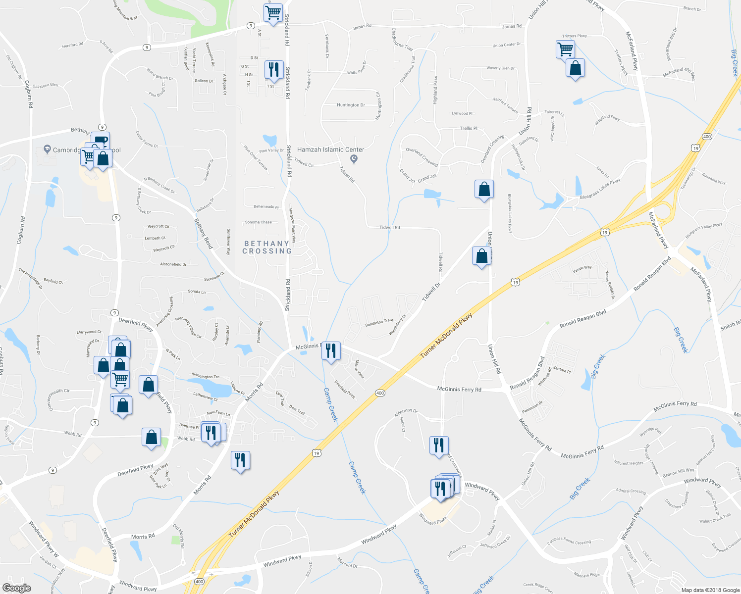 map of restaurants, bars, coffee shops, grocery stores, and more near 1006 Prestwyck Court in Alpharetta