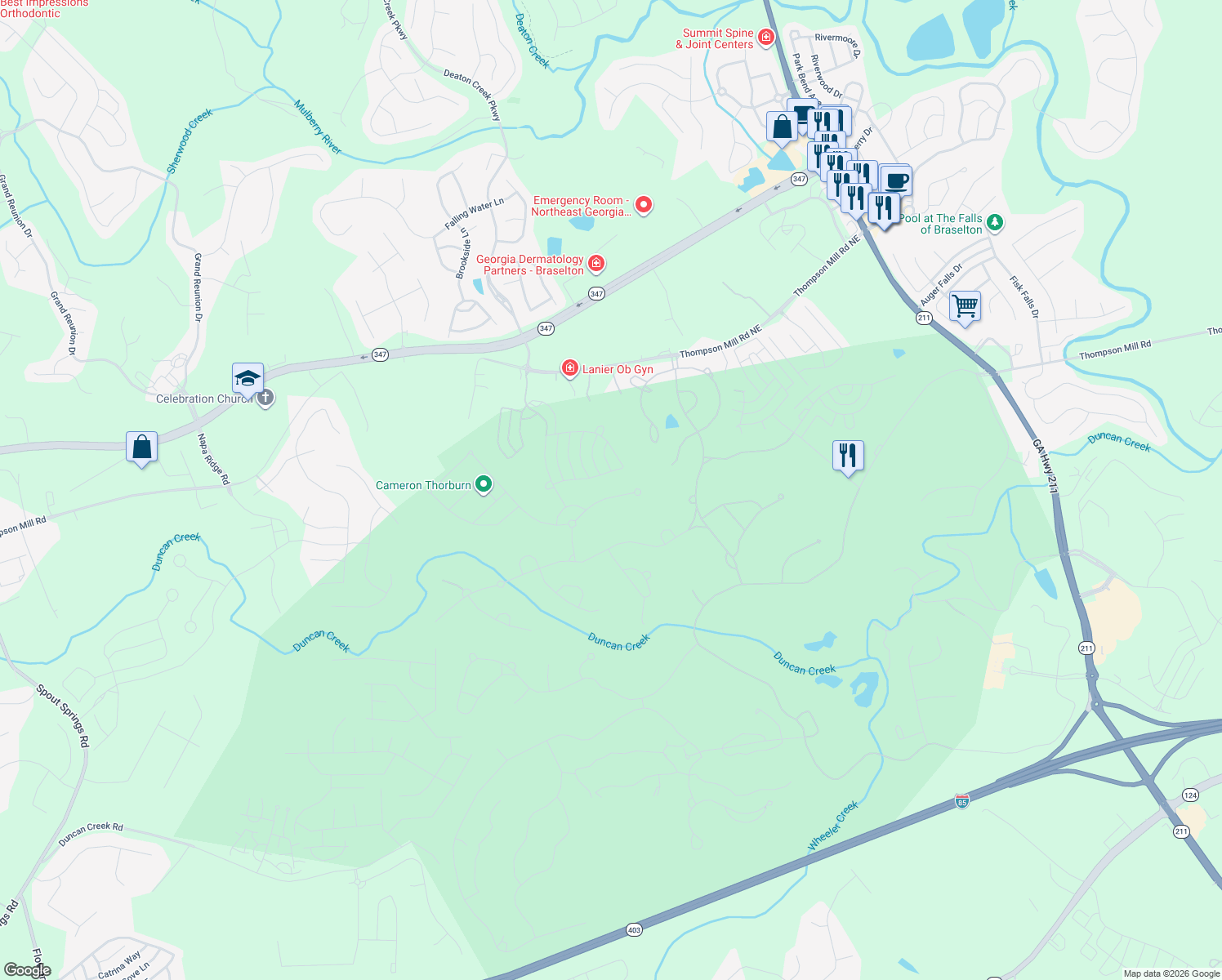 map of restaurants, bars, coffee shops, grocery stores, and more near 2614 Northern Oak Drive in Braselton