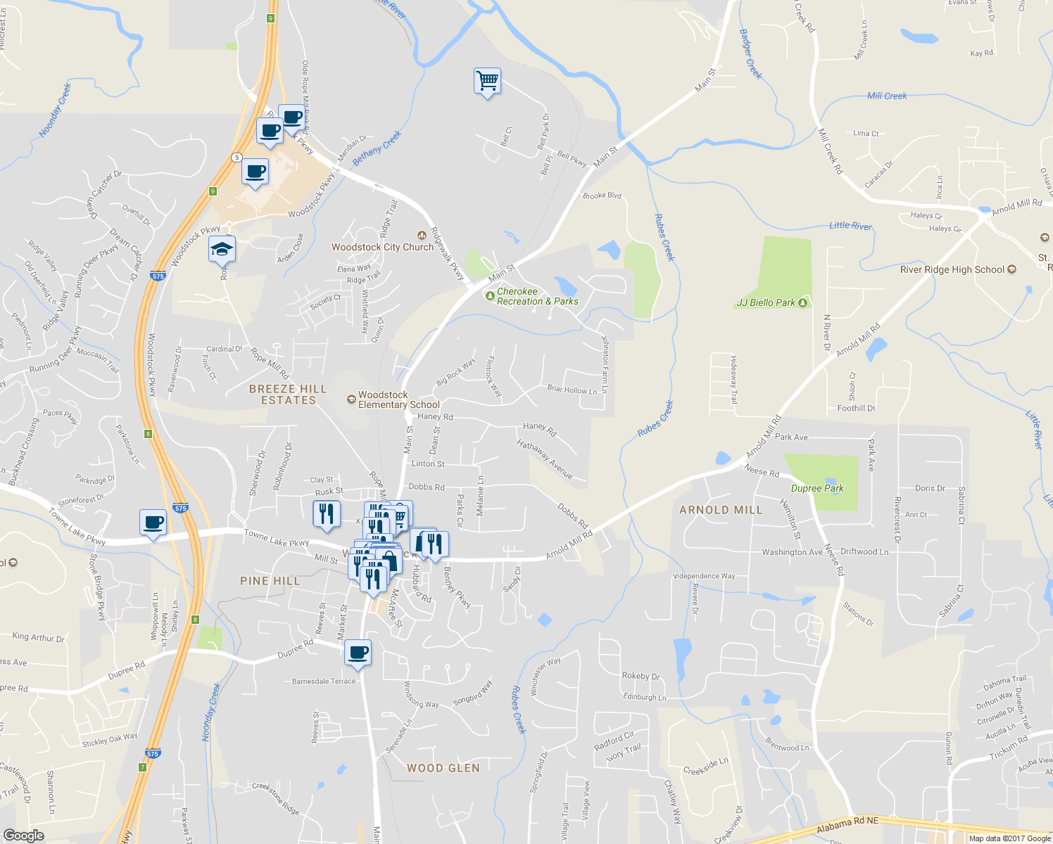 map of restaurants, bars, coffee shops, grocery stores, and more near 241 Haney Road in Woodstock