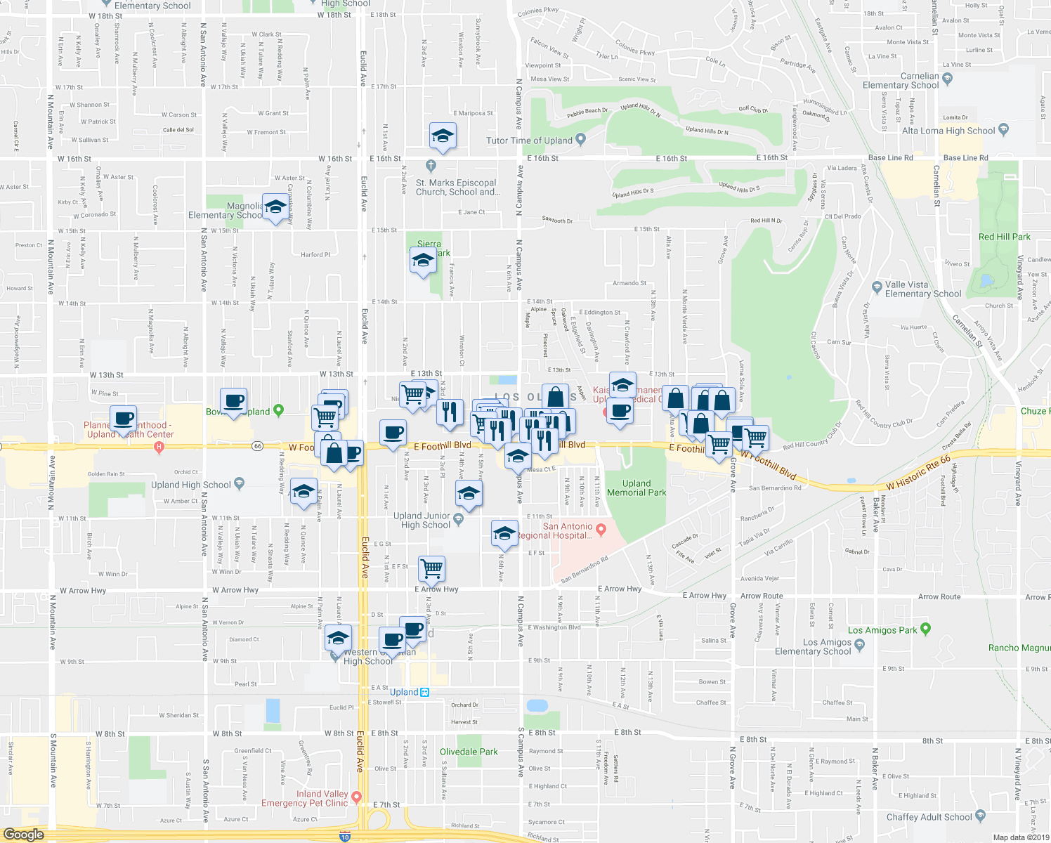 map of restaurants, bars, coffee shops, grocery stores, and more near 719 Valadez Street in Upland