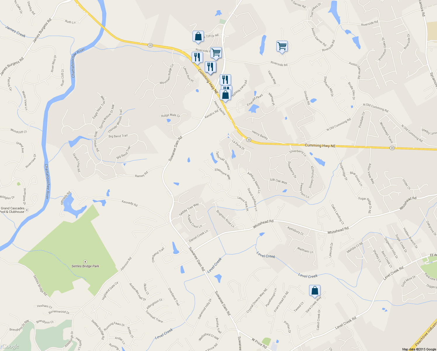 map of restaurants, bars, coffee shops, grocery stores, and more near 282 Ellesmere Court in Buford
