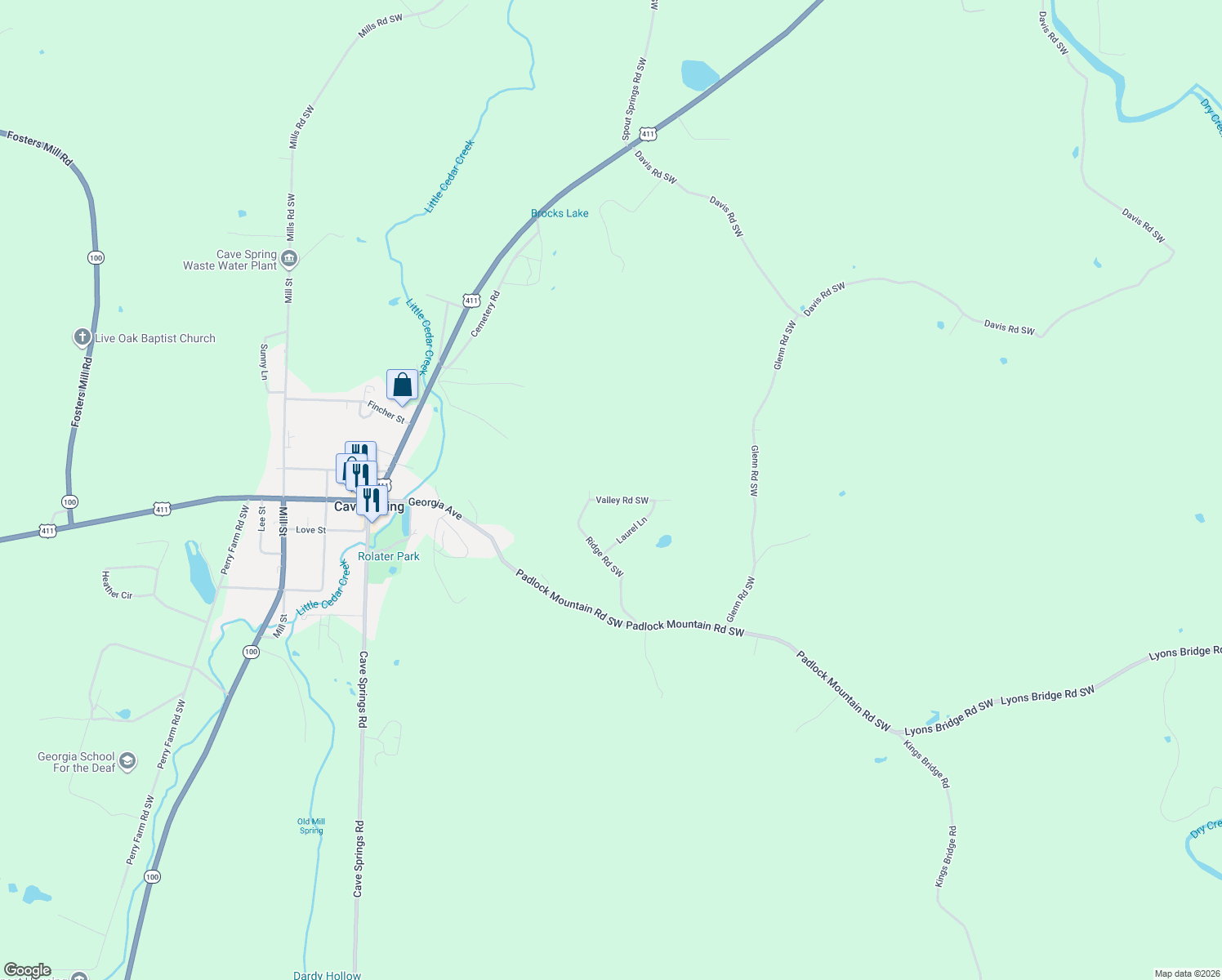 map of restaurants, bars, coffee shops, grocery stores, and more near 1 Valley Road Southwest in Cave Spring