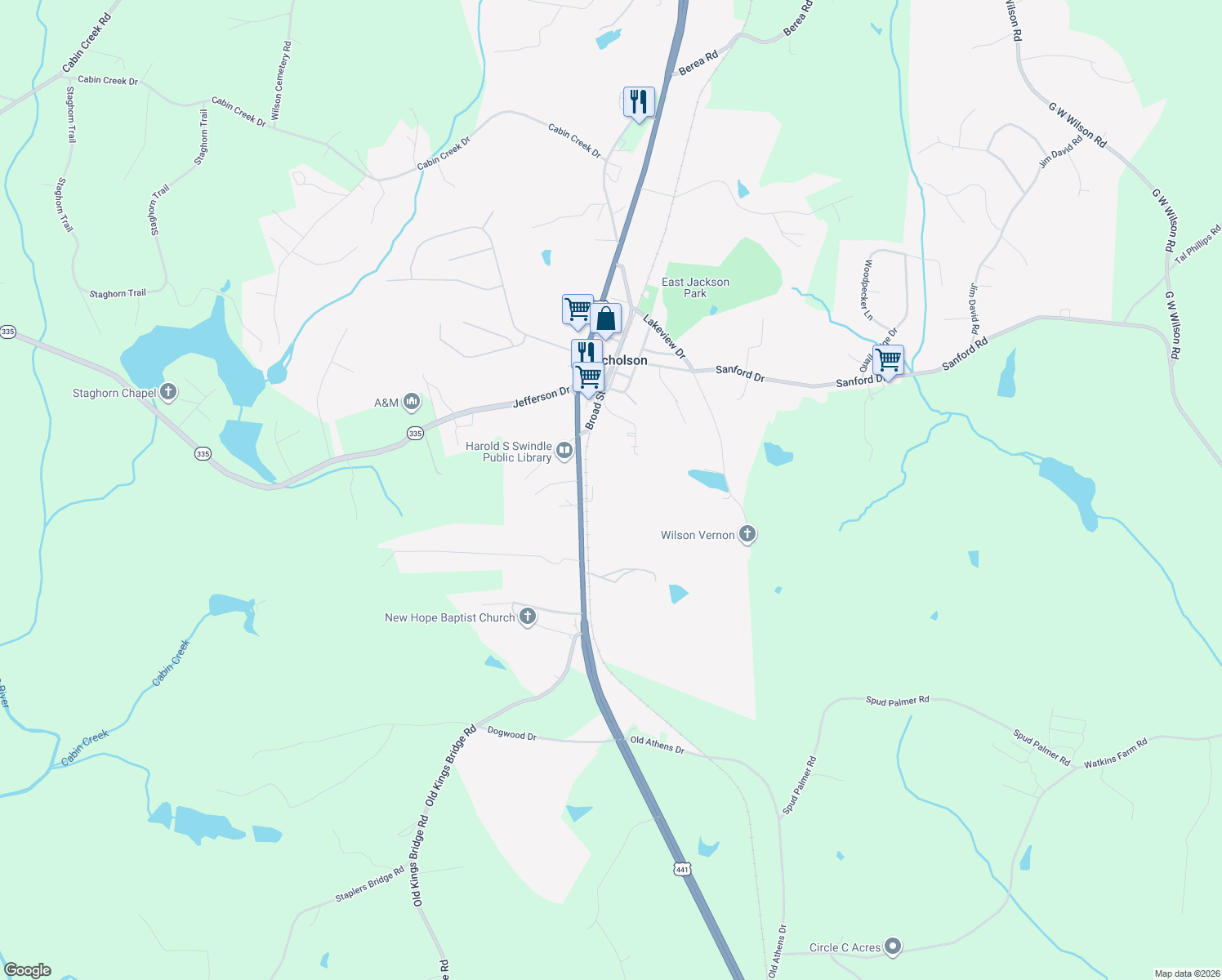 map of restaurants, bars, coffee shops, grocery stores, and more near 31 Daisy Ln in Nicholson