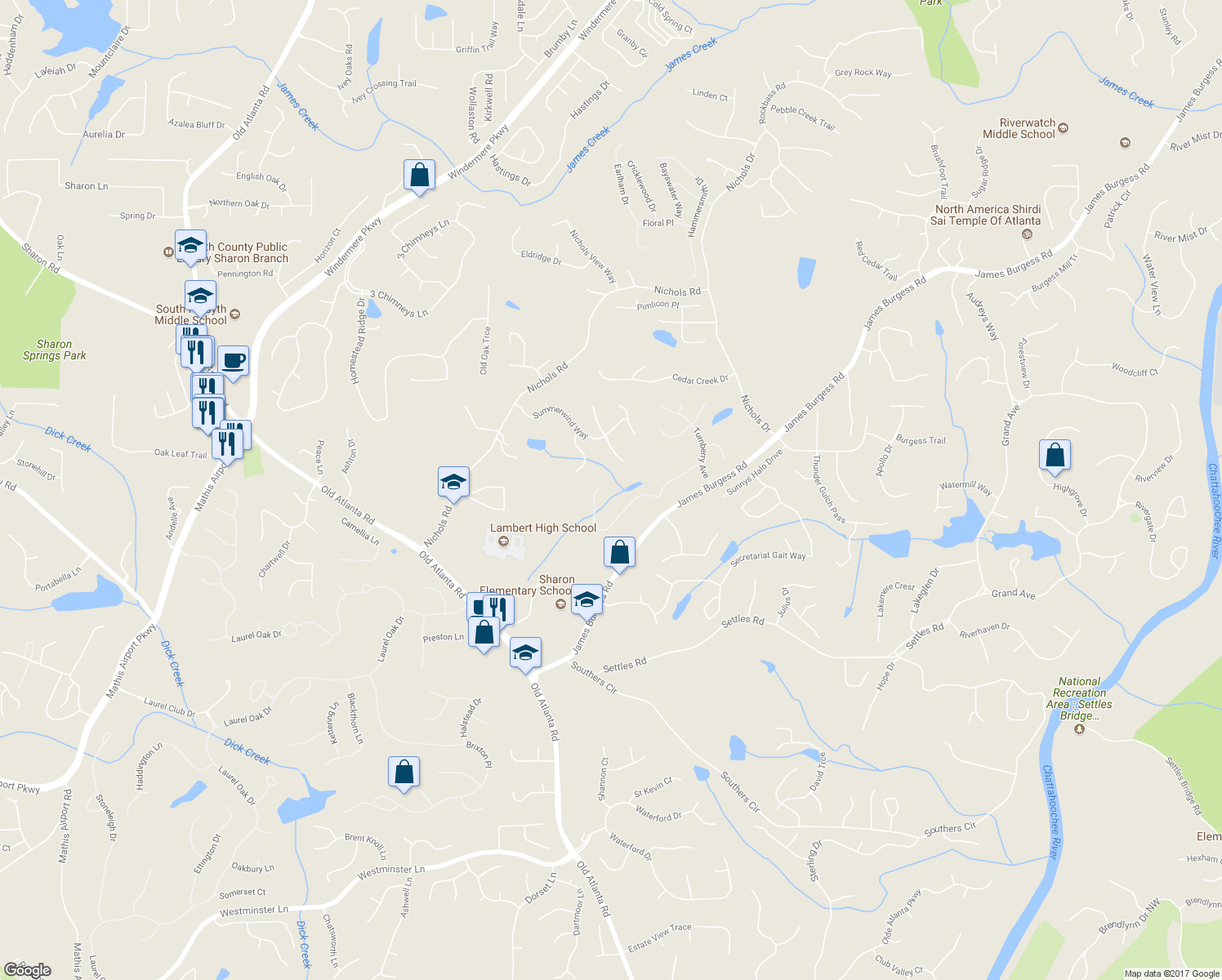 map of restaurants, bars, coffee shops, grocery stores, and more near 1780 Bramble Bush Way in Suwanee