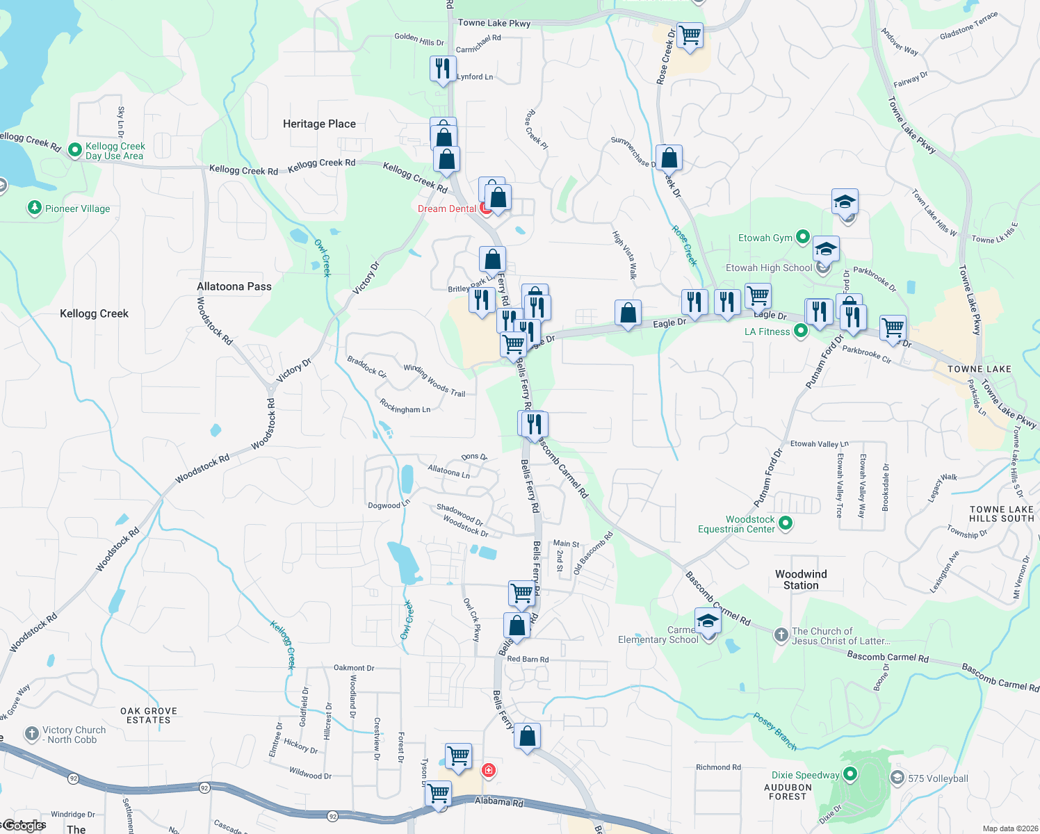 map of restaurants, bars, coffee shops, grocery stores, and more near 6391 Bells Ferry Road in Acworth