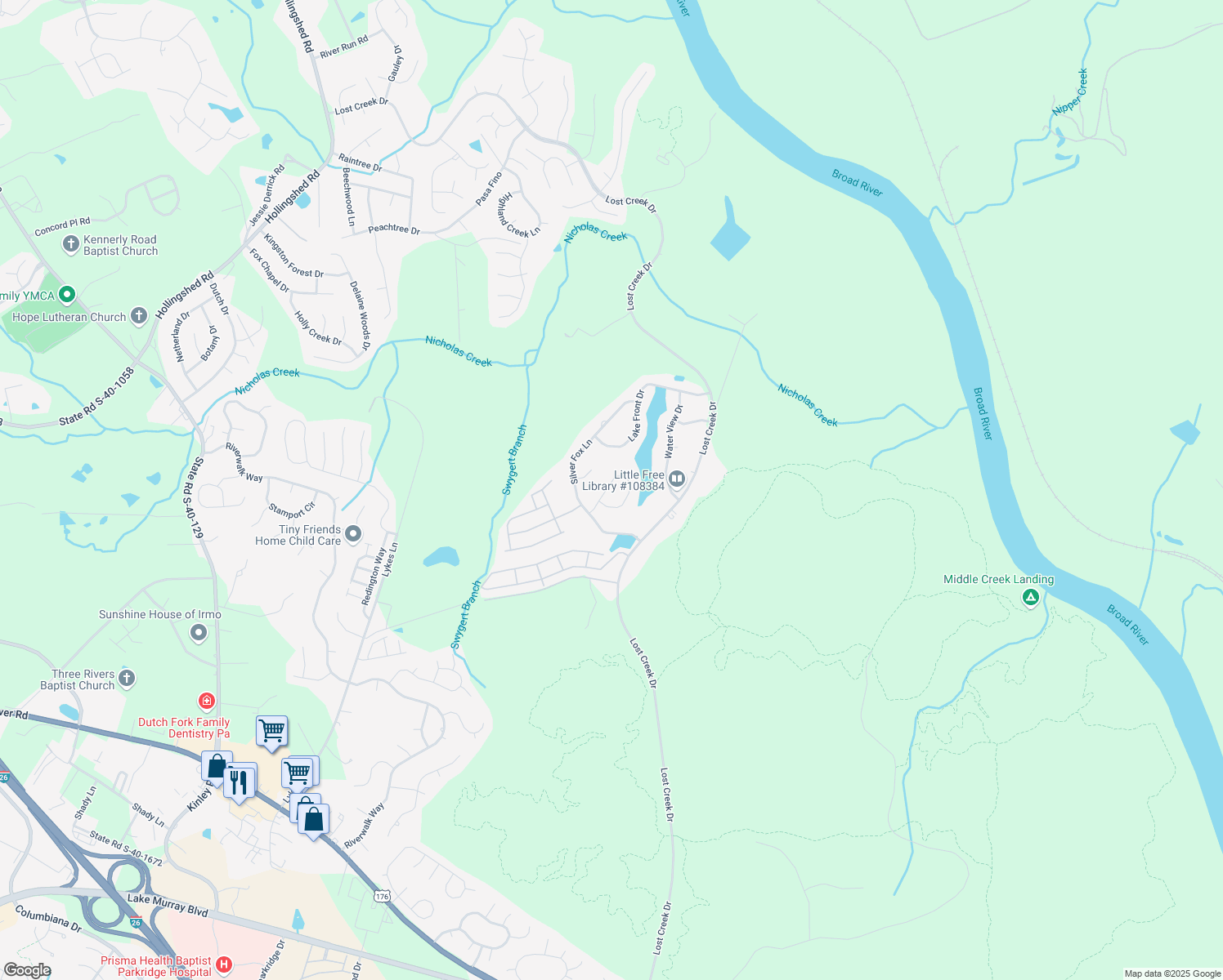 map of restaurants, bars, coffee shops, grocery stores, and more near 112 Silver Lake Circle in Columbia