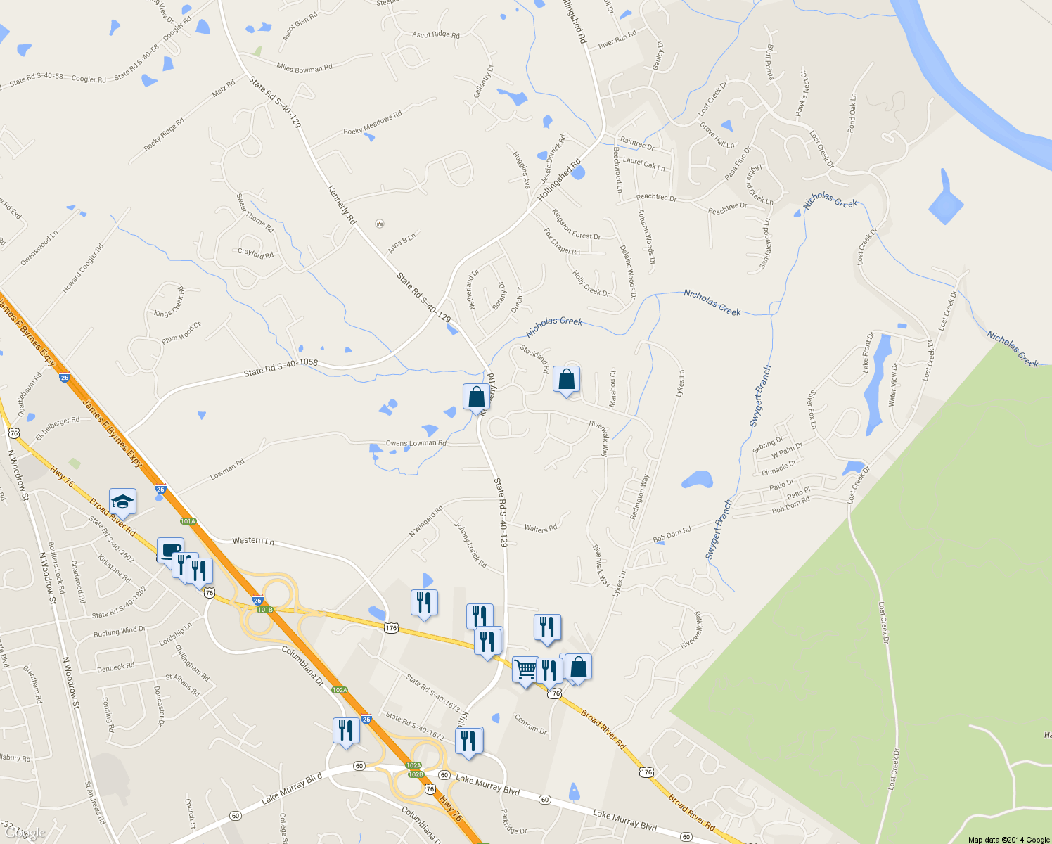 map of restaurants, bars, coffee shops, grocery stores, and more near 317 Barger Circle in Irmo