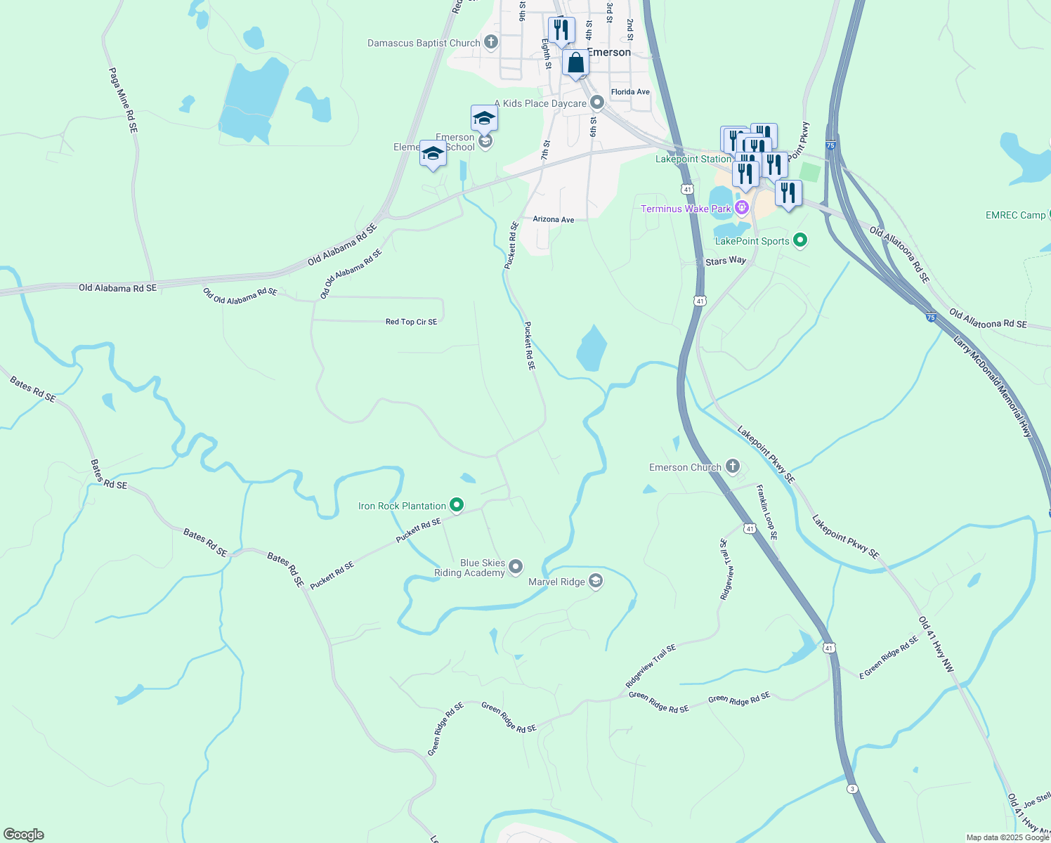 map of restaurants, bars, coffee shops, grocery stores, and more near 294 Puckett Road Southeast in Emerson