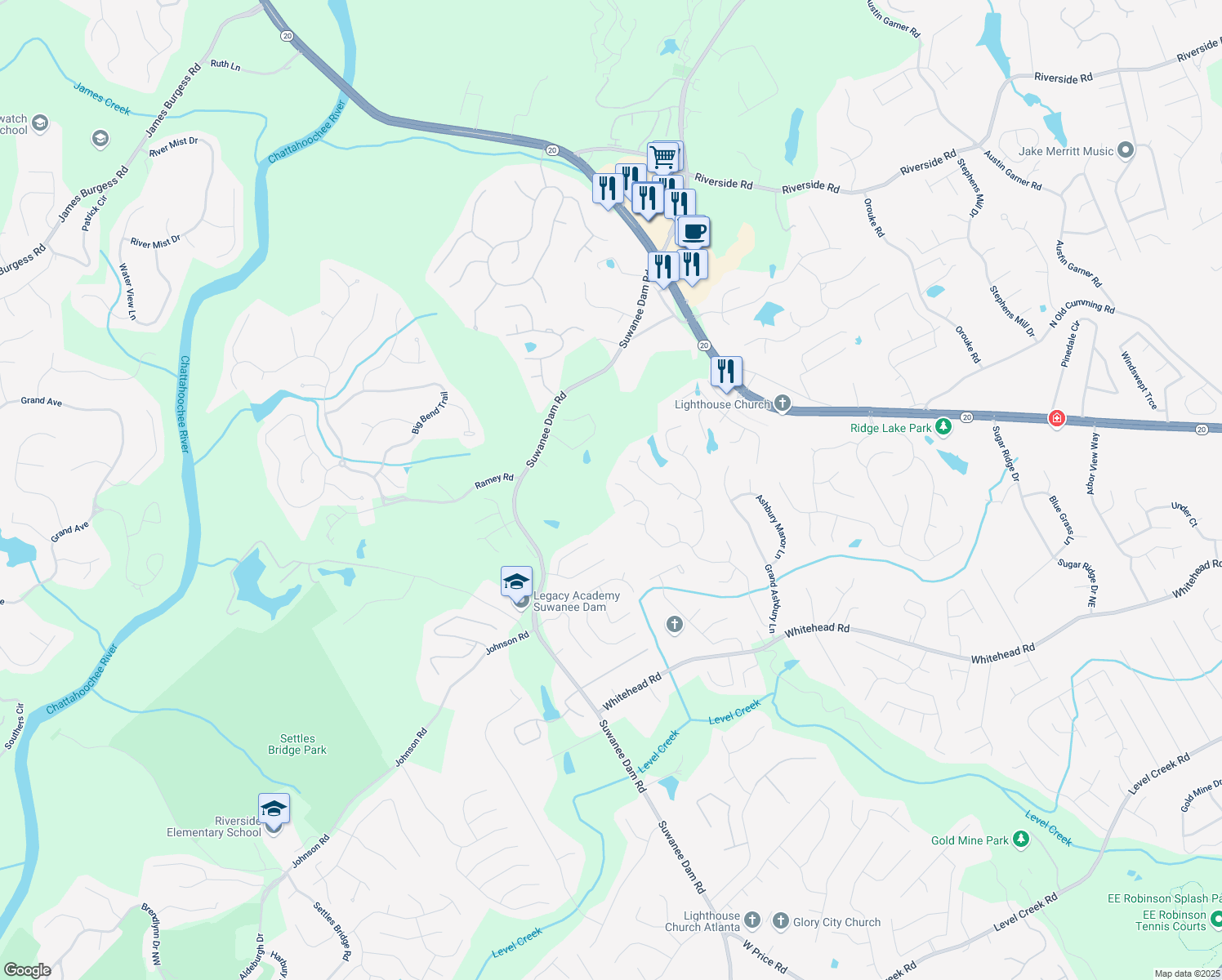 map of restaurants, bars, coffee shops, grocery stores, and more near 5668 Blanchard Place in Buford