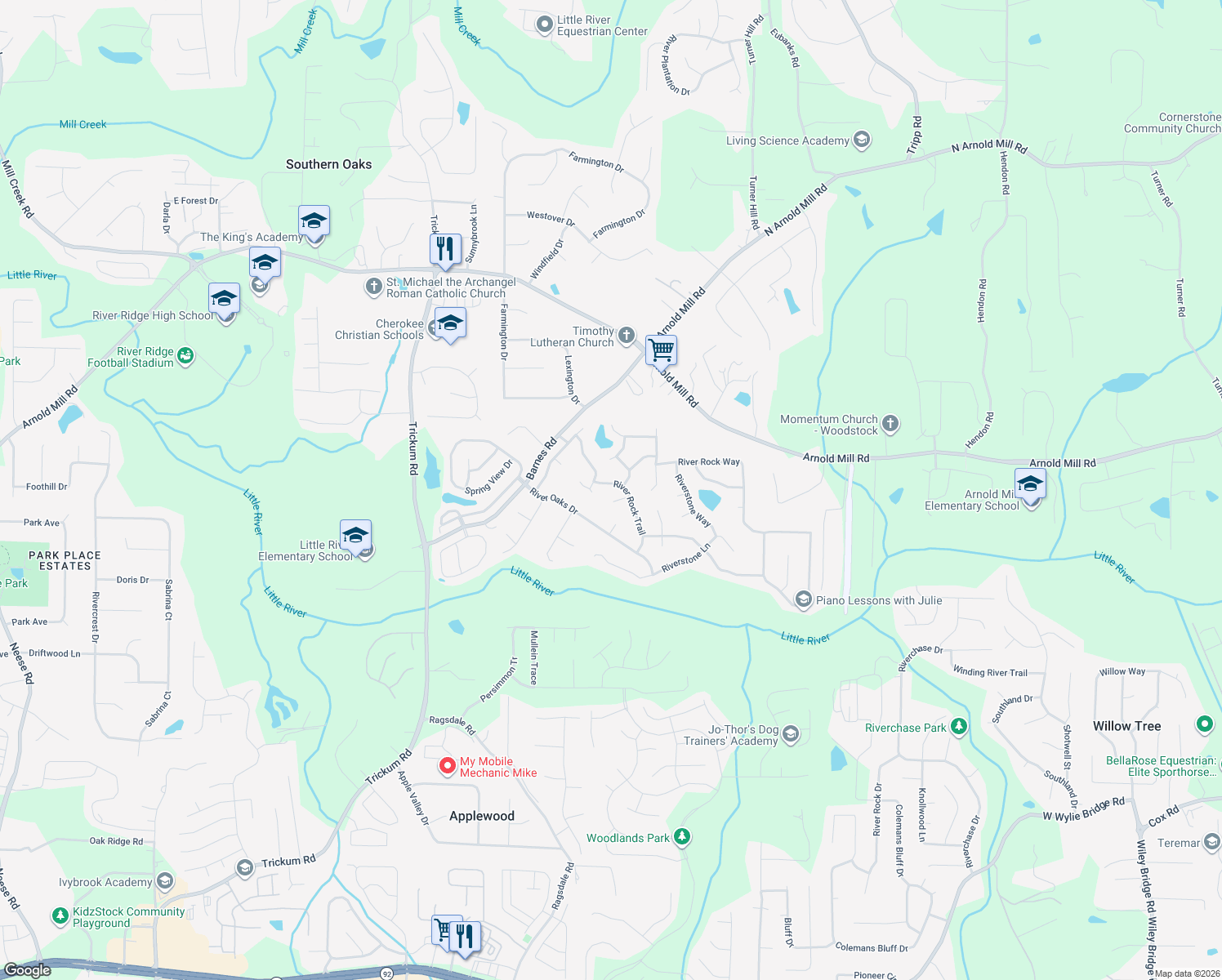 map of restaurants, bars, coffee shops, grocery stores, and more near 1819 River Rock Trail in Woodstock